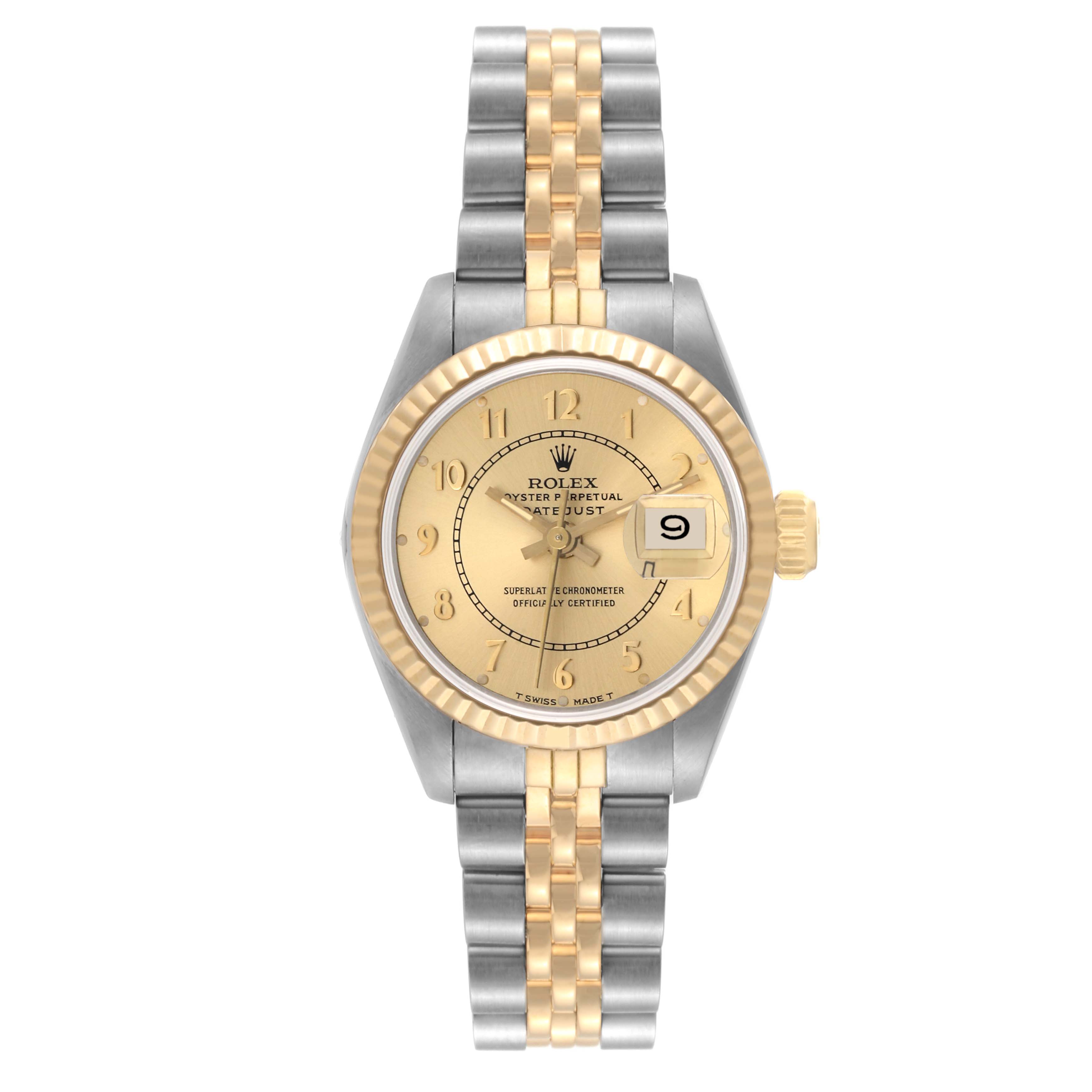 The image shows a Rolex Datejust 69173 Women's Steel and Gold (two tone) Champagne Dial 69173 Women's Steel and Gold (two tone) Champagne Dial watch from a front angle, highlighting the dial, bezel, band, and date window.