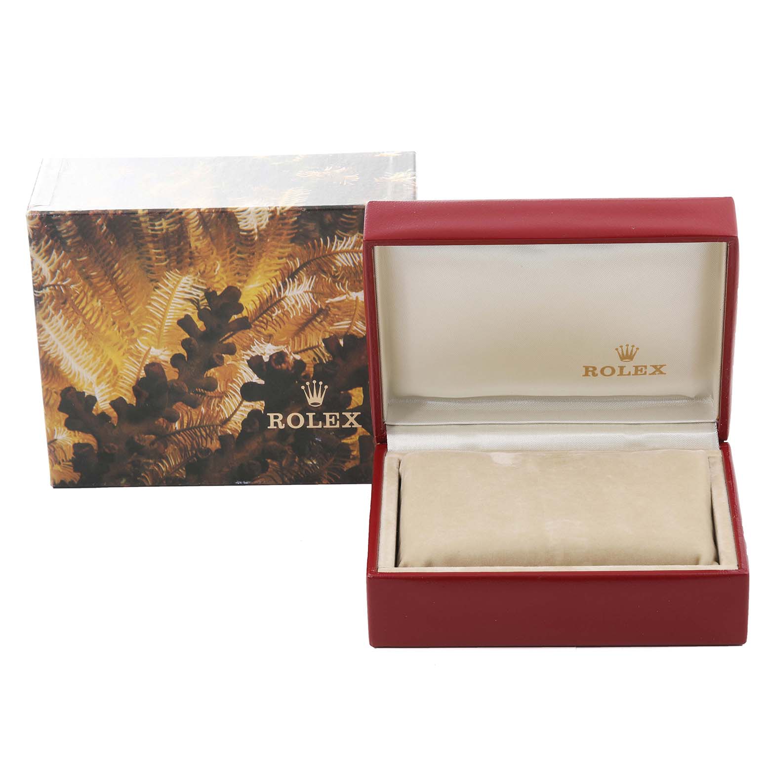 The image shows the Datejust by Rolex packaging with the watch box lid open and an outer decorative box.