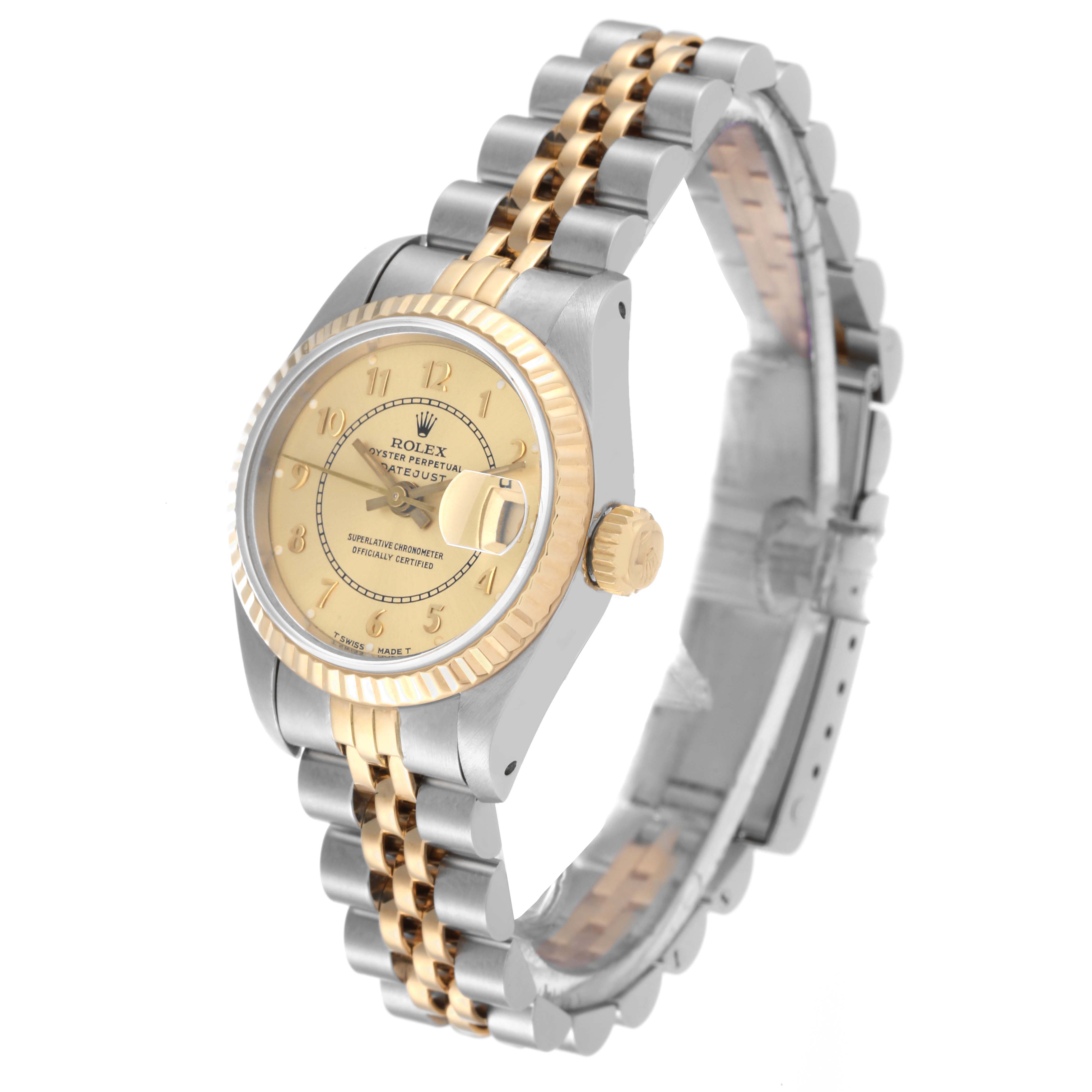 The Datejust Rolex watch is shown at a three-quarter angle highlighting its gold and silver bracelet and face.