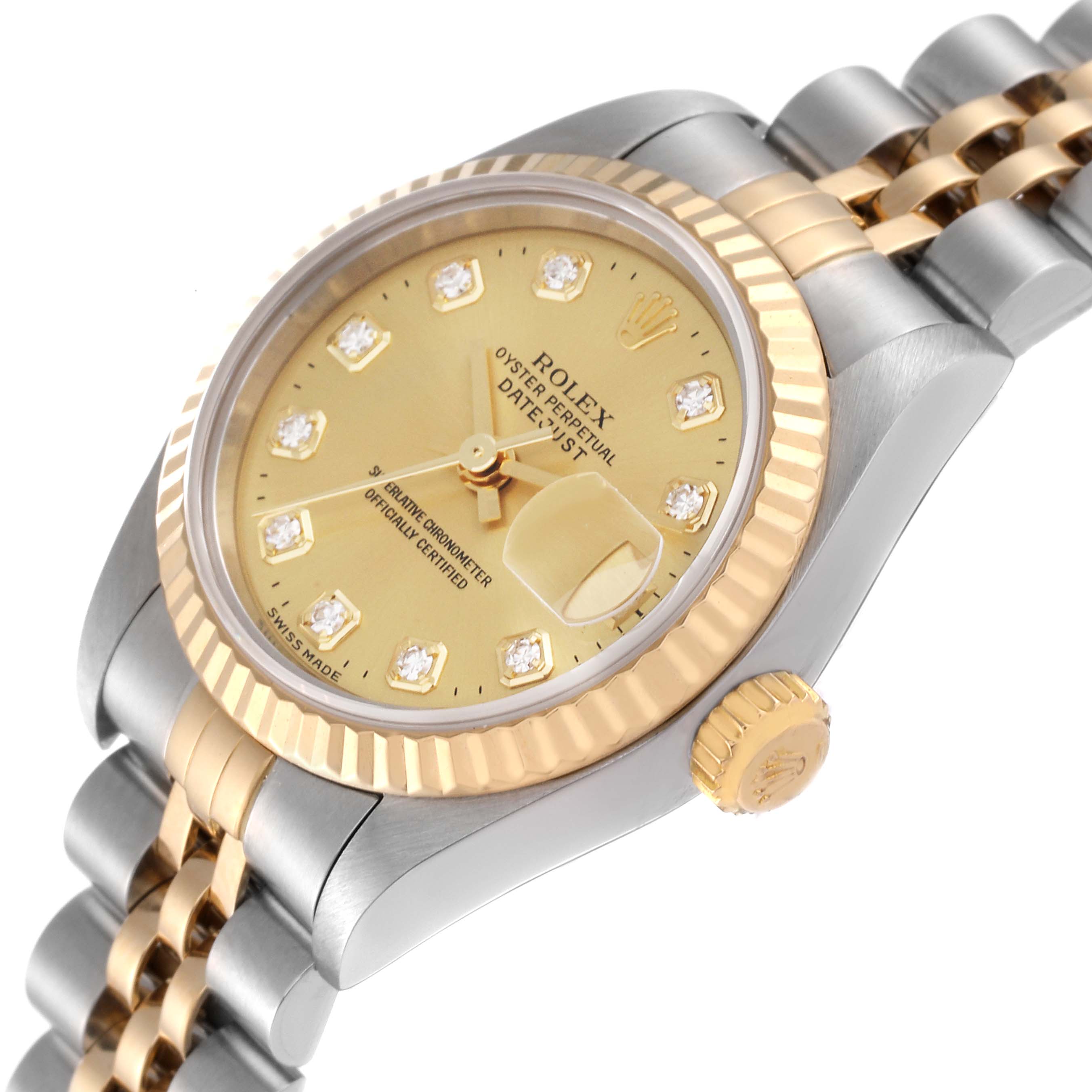 The Rolex Datejust 79173 Women's Steel and Gold (two tone) Champagne Dial 79173 Women's Steel and Gold (two tone) Champagne Dial watch is shown at a slight angle, highlighting the dial, bezel, crown, and part of the bracelet.