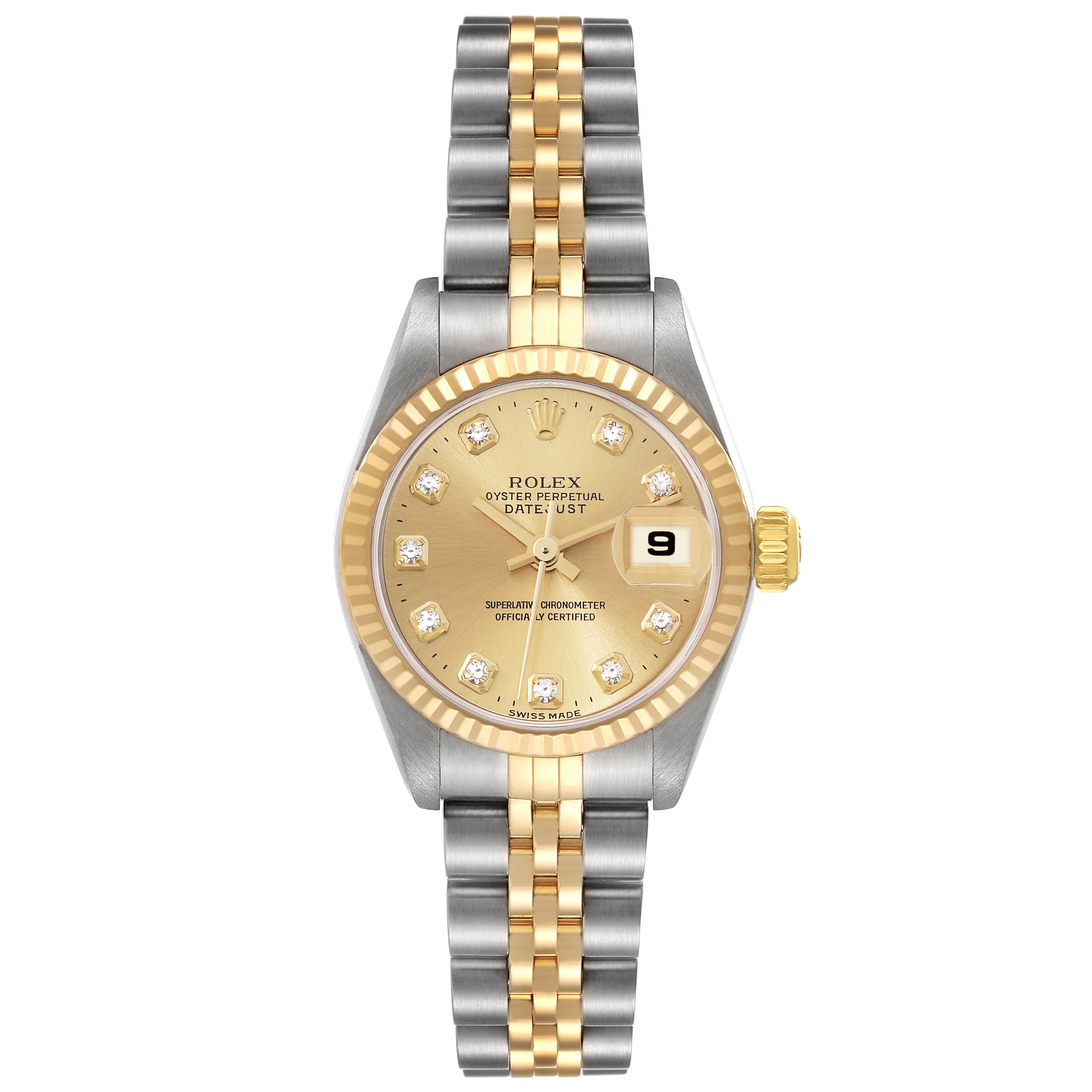 The image shows a Rolex Datejust 79173 Women's Steel and Gold (two tone) Champagne Dial 79173 Women's Steel and Gold (two tone) Champagne Dial watch from a top view, highlighting its gold dial, fluted bezel, and two-tone Jubilee bracelet.