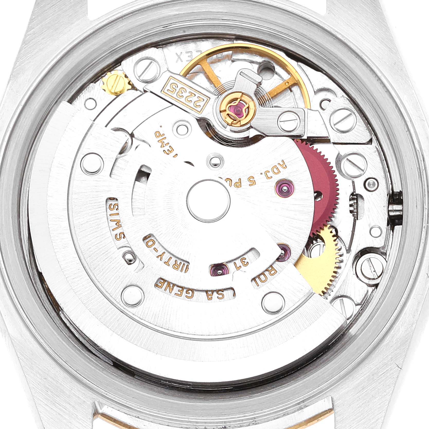 This image shows the intricate movement components of a Rolex Datejust 79173 Women's Steel and Gold (two tone) Champagne Dial 79173 Women's Steel and Gold (two tone) Champagne Dial watch from the back angle.