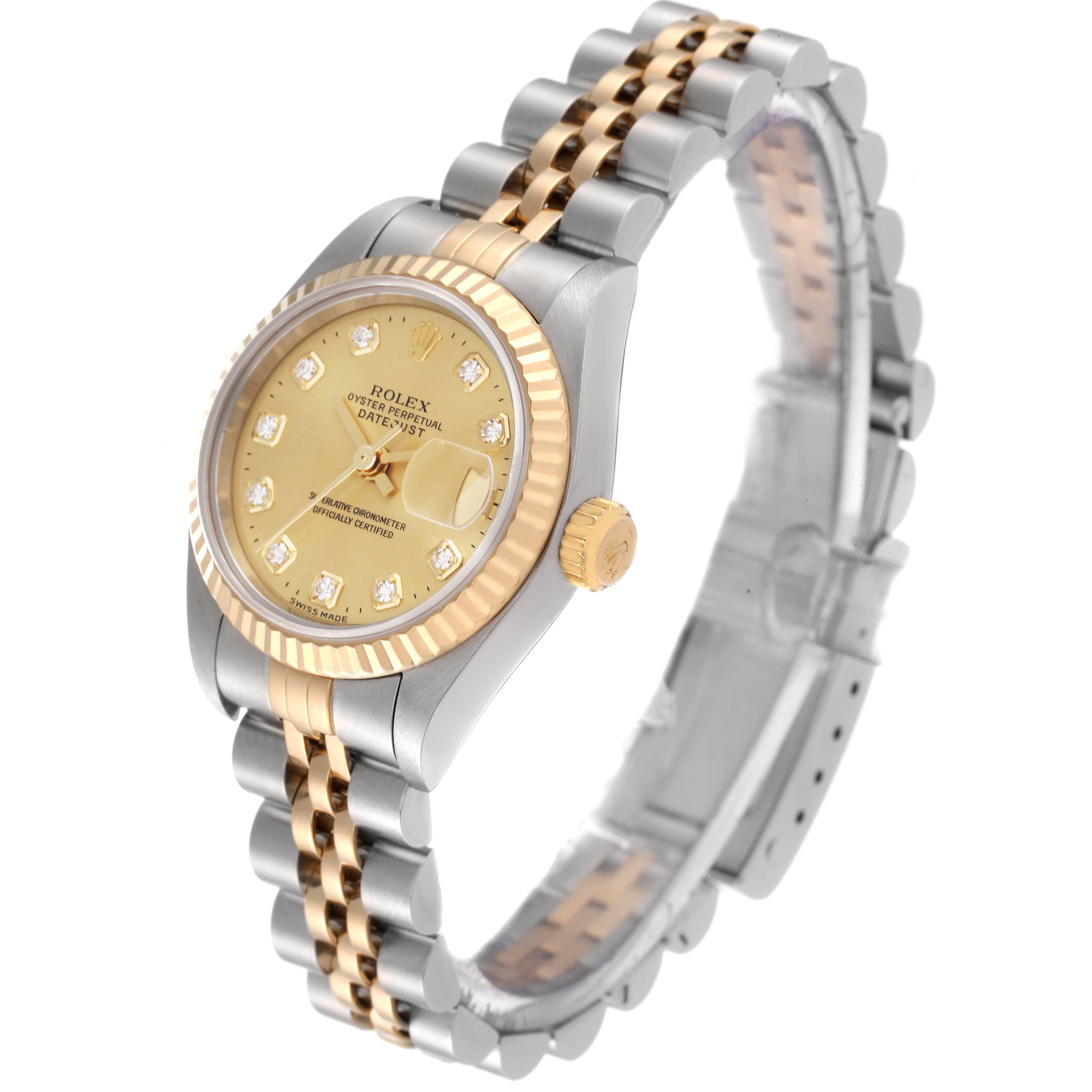 This Rolex Datejust 79173 Women's Steel and Gold (two tone) Champagne Dial 79173 Women's Steel and Gold (two tone) Champagne Dial watch is shown from a front angle, highlighting its gold dial, fluted bezel, and two-tone bracelet.