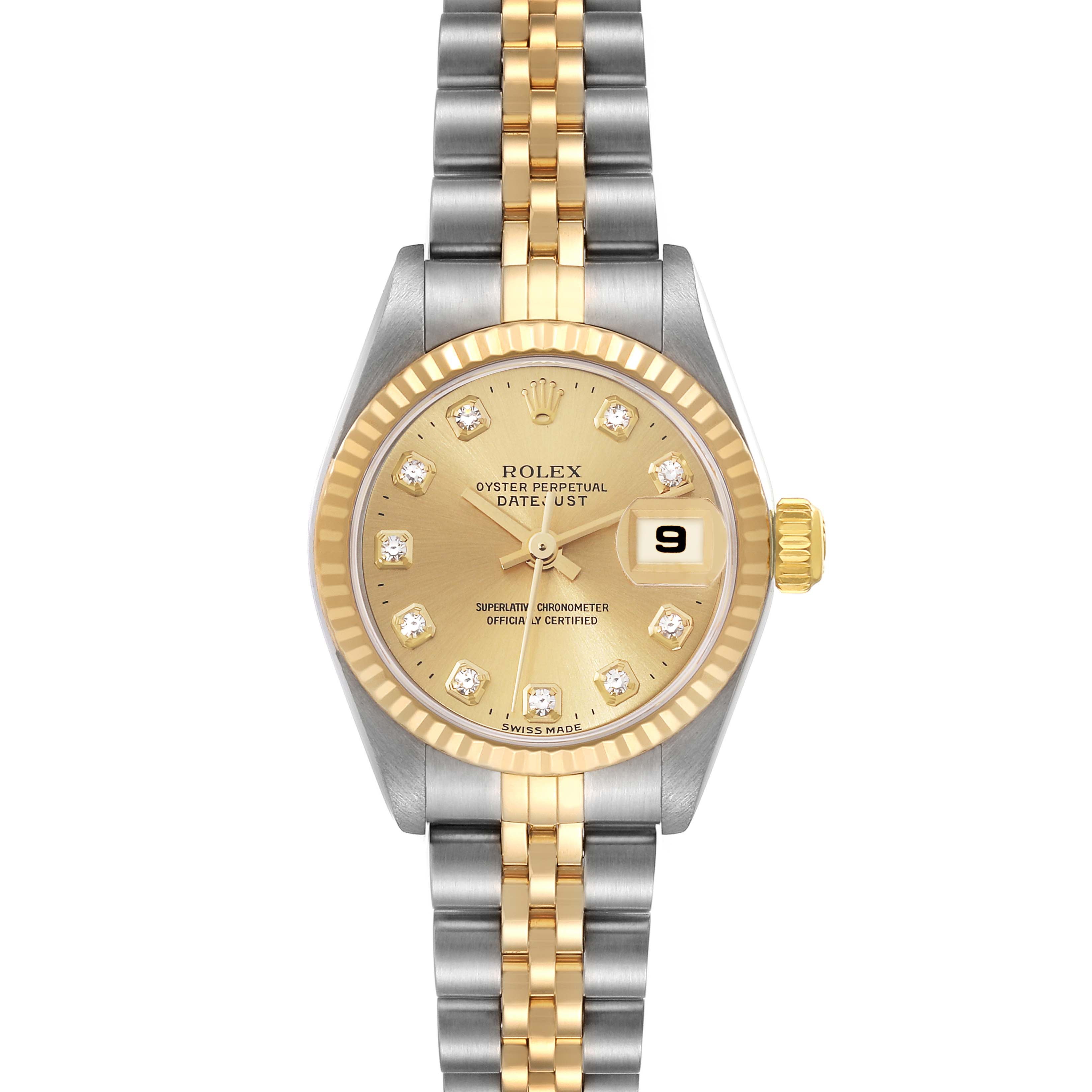 This image shows a front view of a Rolex Datejust 79173 Women's Steel and Gold (two tone) Champagne Dial 79173 Women's Steel and Gold (two tone) Champagne Dial with a gold and silver bracelet and diamond markers on the dial.