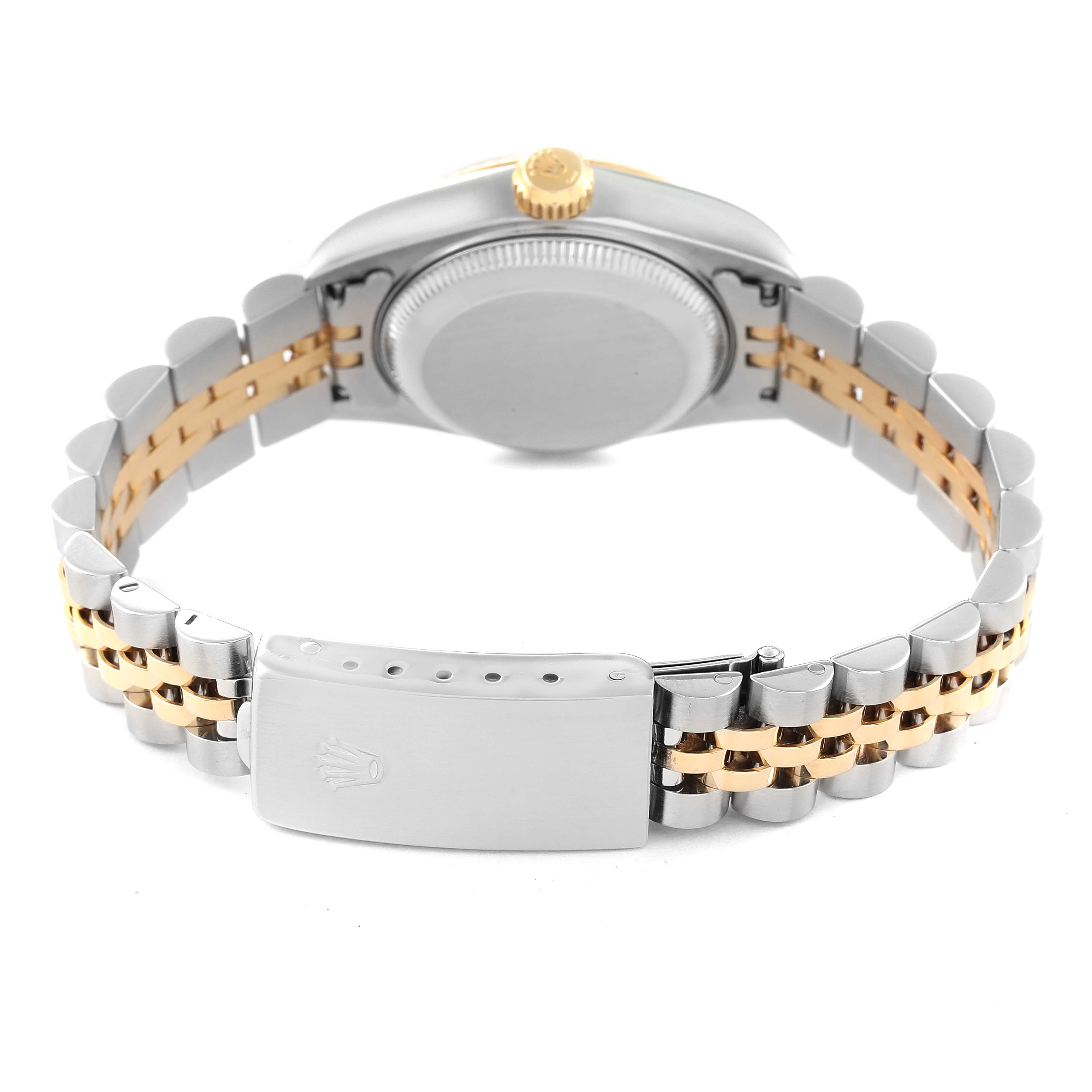 This image shows the back view of the Rolex Datejust 79173 Women's Steel and Gold (two tone) Champagne Dial 79173 Women's Steel and Gold (two tone) Champagne Dial watch, highlighting the bracelet, clasp, case back, and crown.