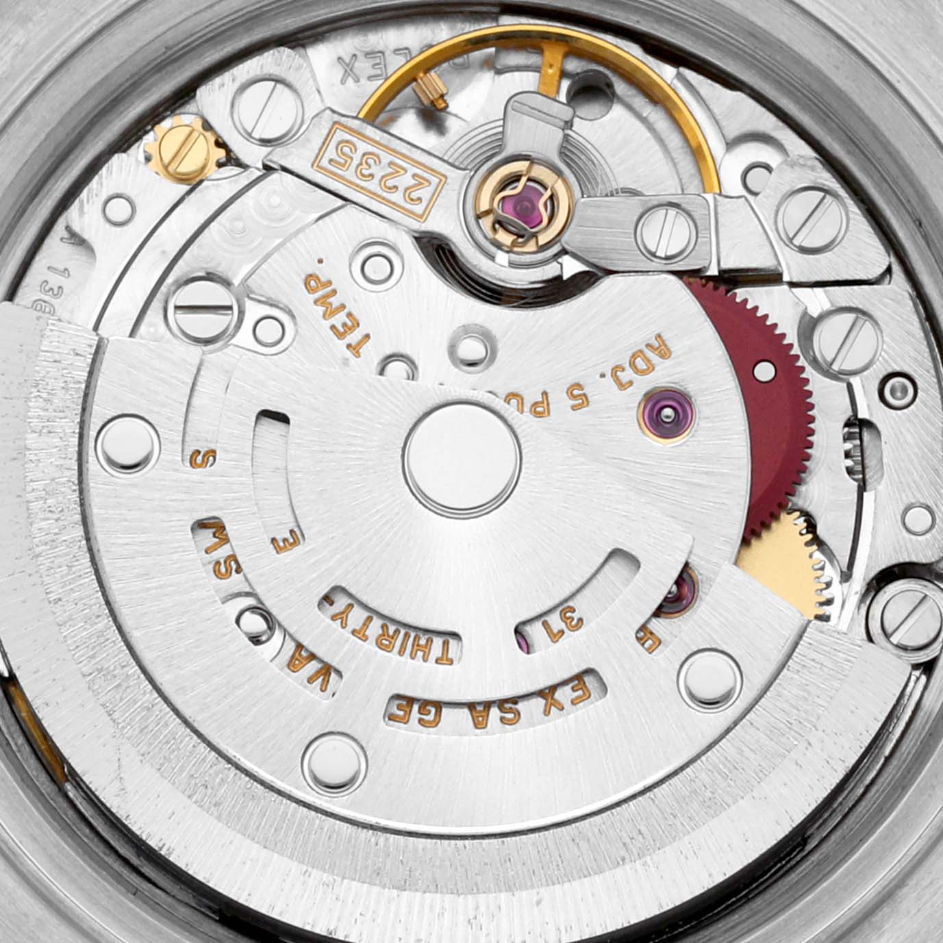 This image shows the internal mechanical movement of a Rolex Datejust 79173NR Women's Steel and Gold (two tone) Mother of Pearl Dial 79173NR Women's Steel and Gold (two tone) Mother of Pearl Dial watch at a close-up angle.