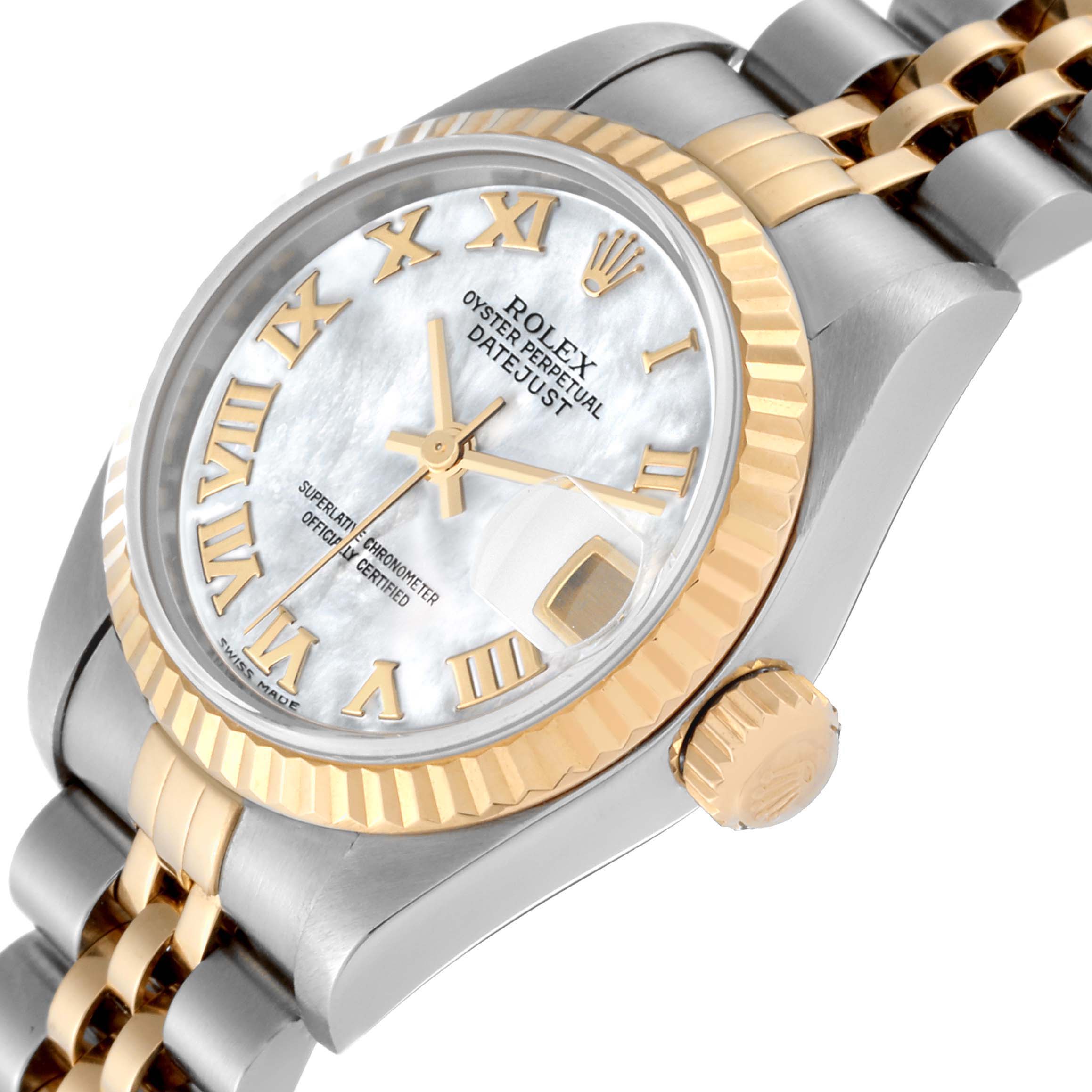 The Rolex Datejust 79173NR Women's Steel and Gold (two tone) Mother of Pearl Dial 79173NR Women's Steel and Gold (two tone) Mother of Pearl Dial watch is shown at a slight angle, highlighting the face, bezel, crown, and part of the band.