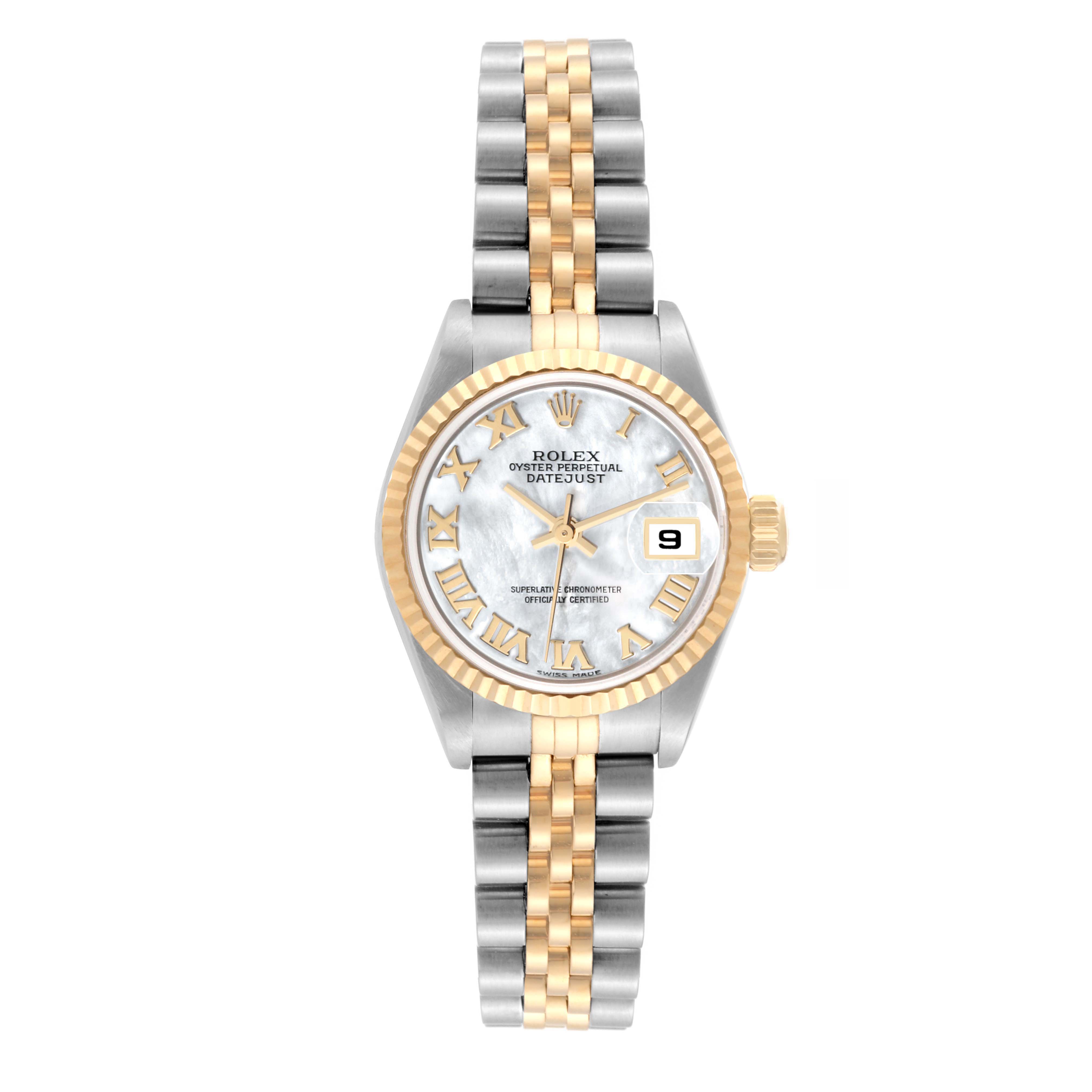 This image shows a Rolex Datejust 79173NR Women's Steel and Gold (two tone) Mother of Pearl Dial 79173NR Women's Steel and Gold (two tone) Mother of Pearl Dial model watch from a front angle, featuring a two-tone bracelet, Roman numeral markers, and a date display.