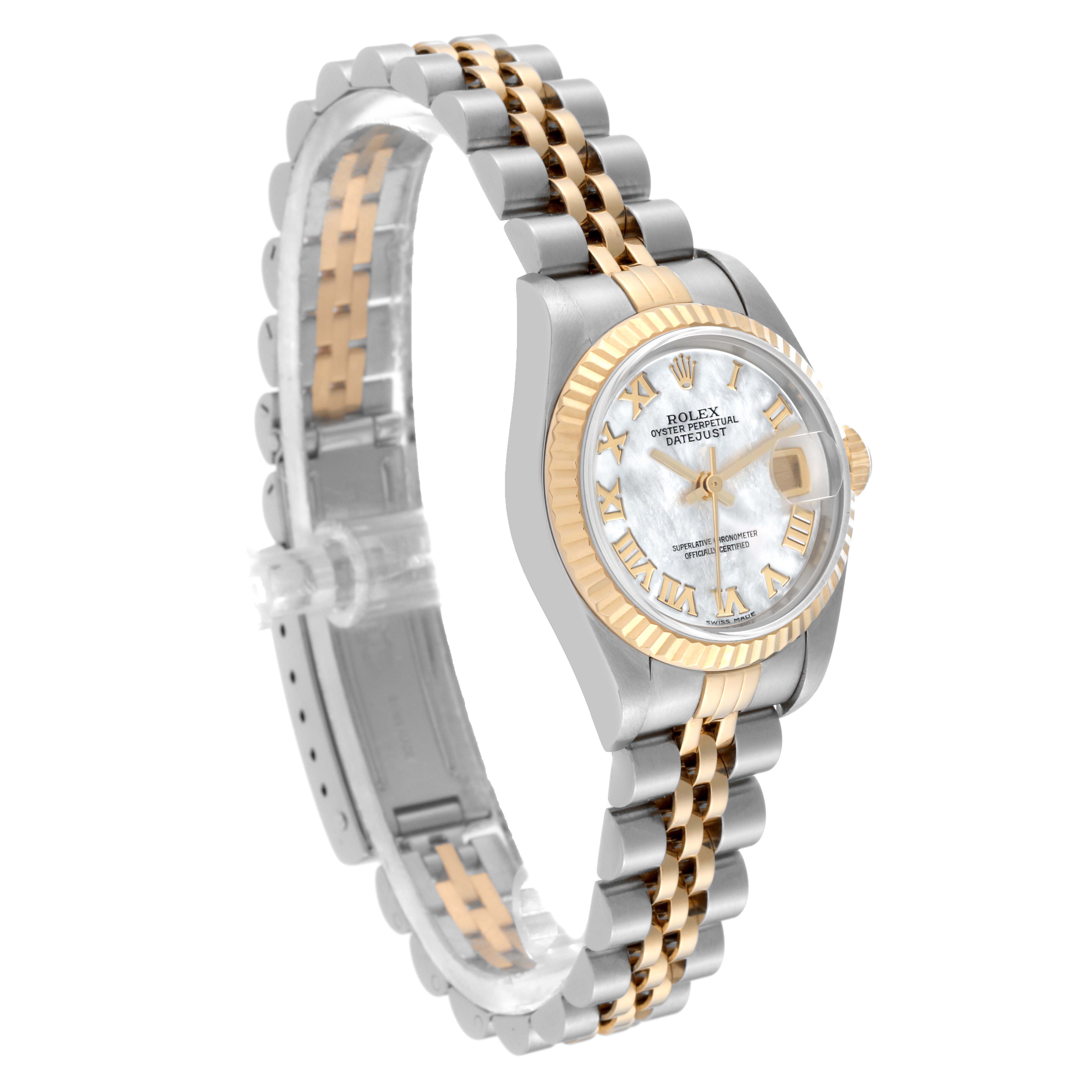 The image shows a side angle of the Rolex Datejust 79173NR Women's Steel and Gold (two tone) Mother of Pearl Dial 79173NR Women's Steel and Gold (two tone) Mother of Pearl Dial watch, highlighting the dial, bezel, and bracelet.