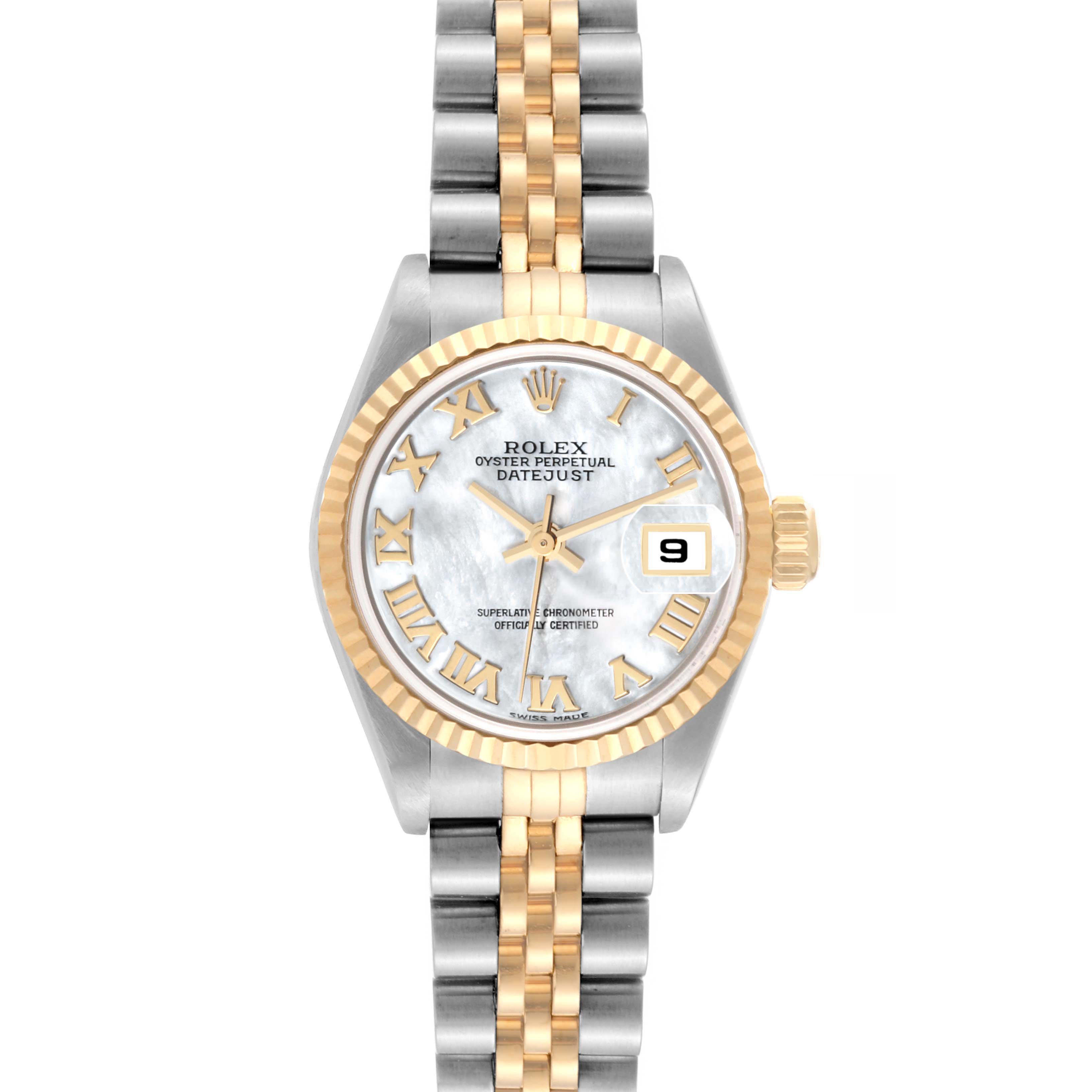 This image shows a front view of the Rolex Datejust 79173NR Women's Steel and Gold (two tone) Mother of Pearl Dial 79173NR Women's Steel and Gold (two tone) Mother of Pearl Dial watch displaying its dial, bezel, and two-tone bracelet.