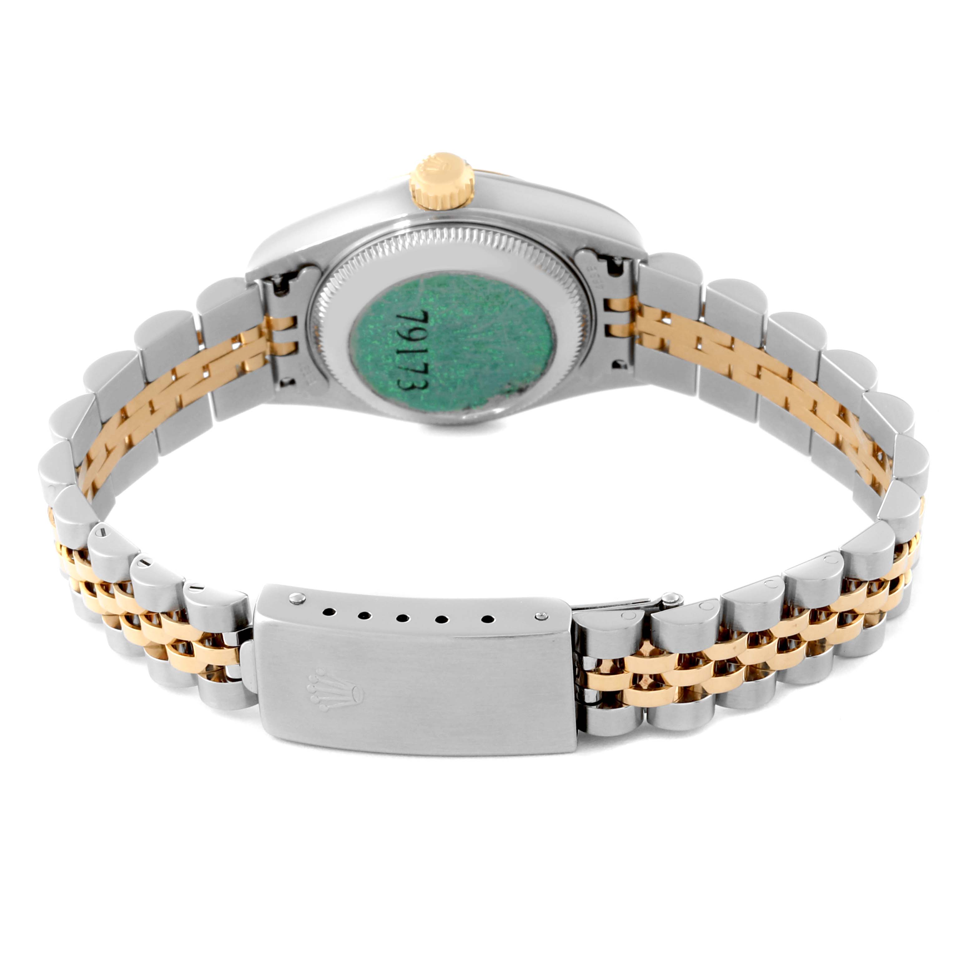 This image shows the back of a Rolex Datejust 79173NR Women's Steel and Gold (two tone) Mother of Pearl Dial 79173NR Women's Steel and Gold (two tone) Mother of Pearl Dial watch, highlighting the stainless steel and gold bracelet and clasp.