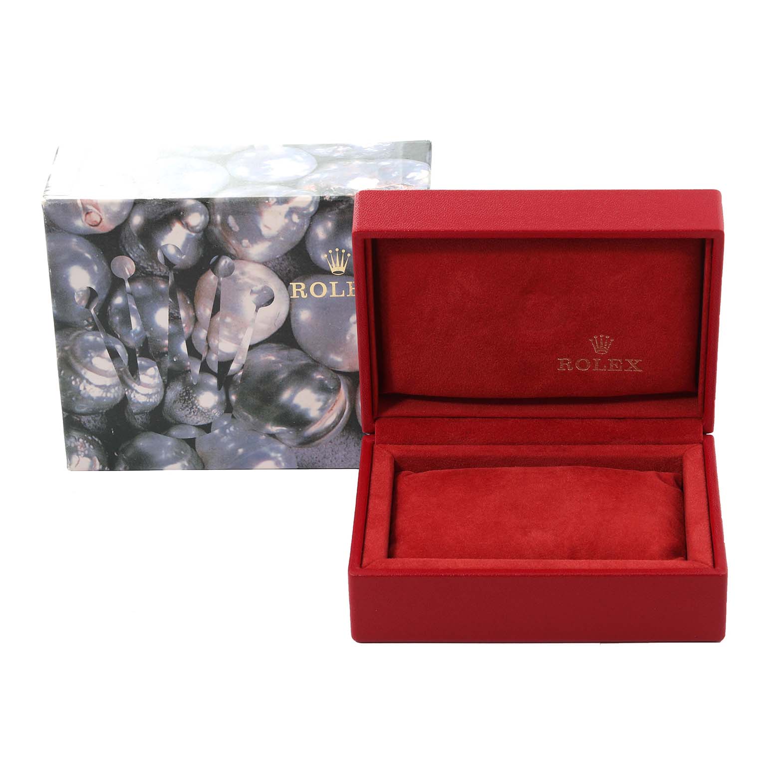This image shows a box for a Datejust model Rolex watch, including its red interior and decorative outer packaging.