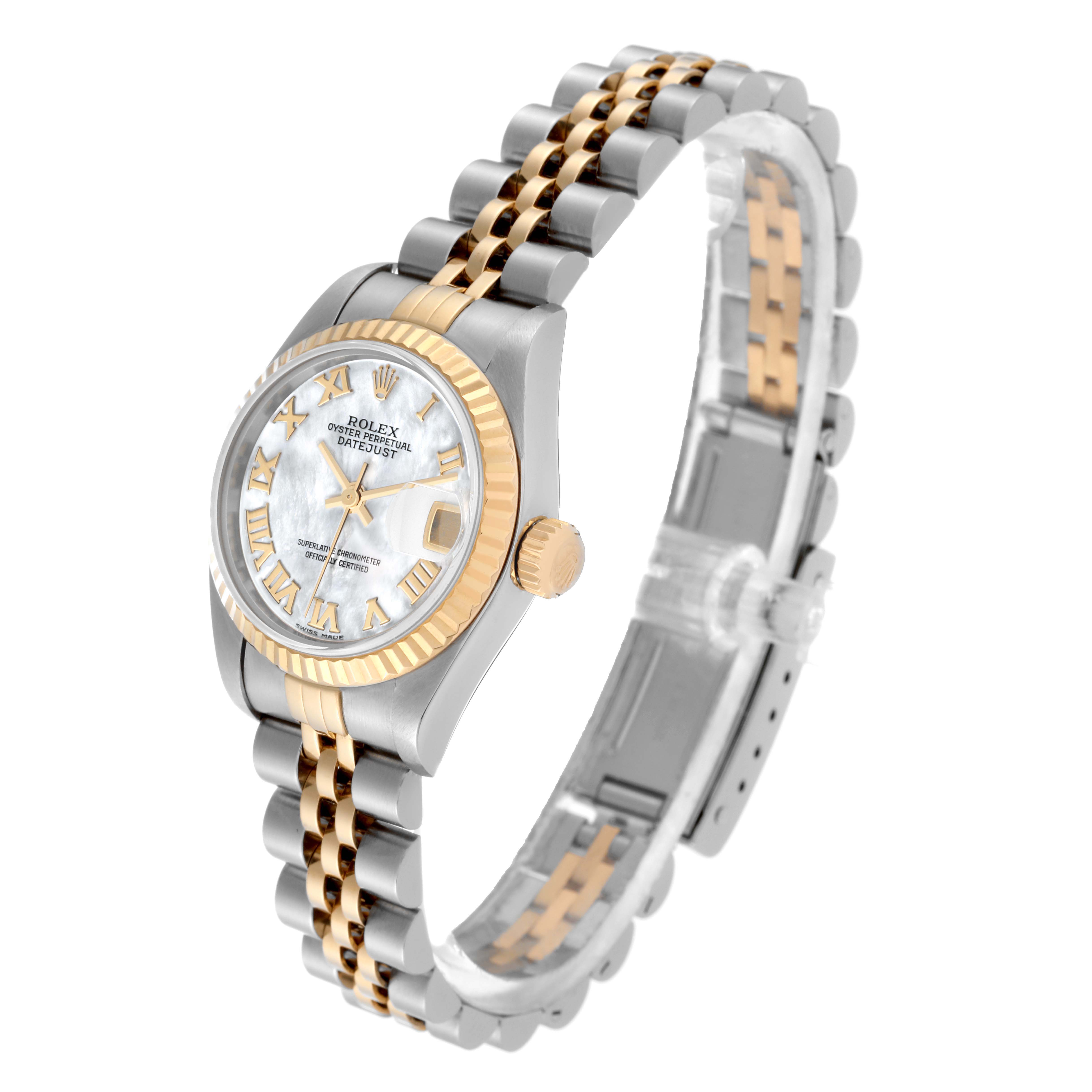 This image shows an angled view of a Rolex Datejust 79173NR Women's Steel and Gold (two tone) Mother of Pearl Dial 79173NR Women's Steel and Gold (two tone) Mother of Pearl Dial watch, highlighting the dial, bezel, crown, and two-tone bracelet.