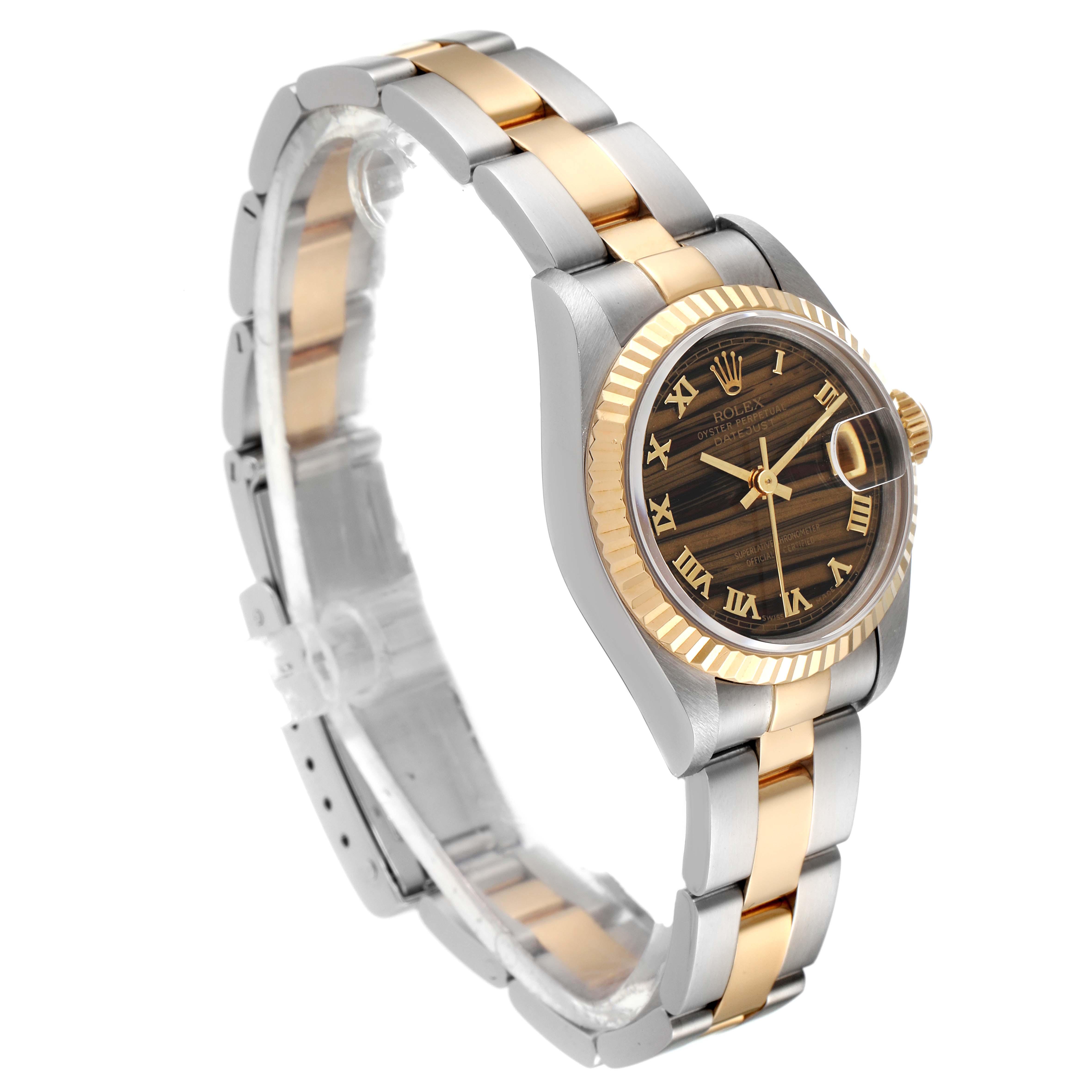 The Rolex Datejust 69173 Women's Steel and Gold (two tone) Brown Dial 69173 Women's Steel and Gold (two tone) Brown Dial watch is angled to show the face, bezel, and partial bracelet with a mix of gold and silver tones.