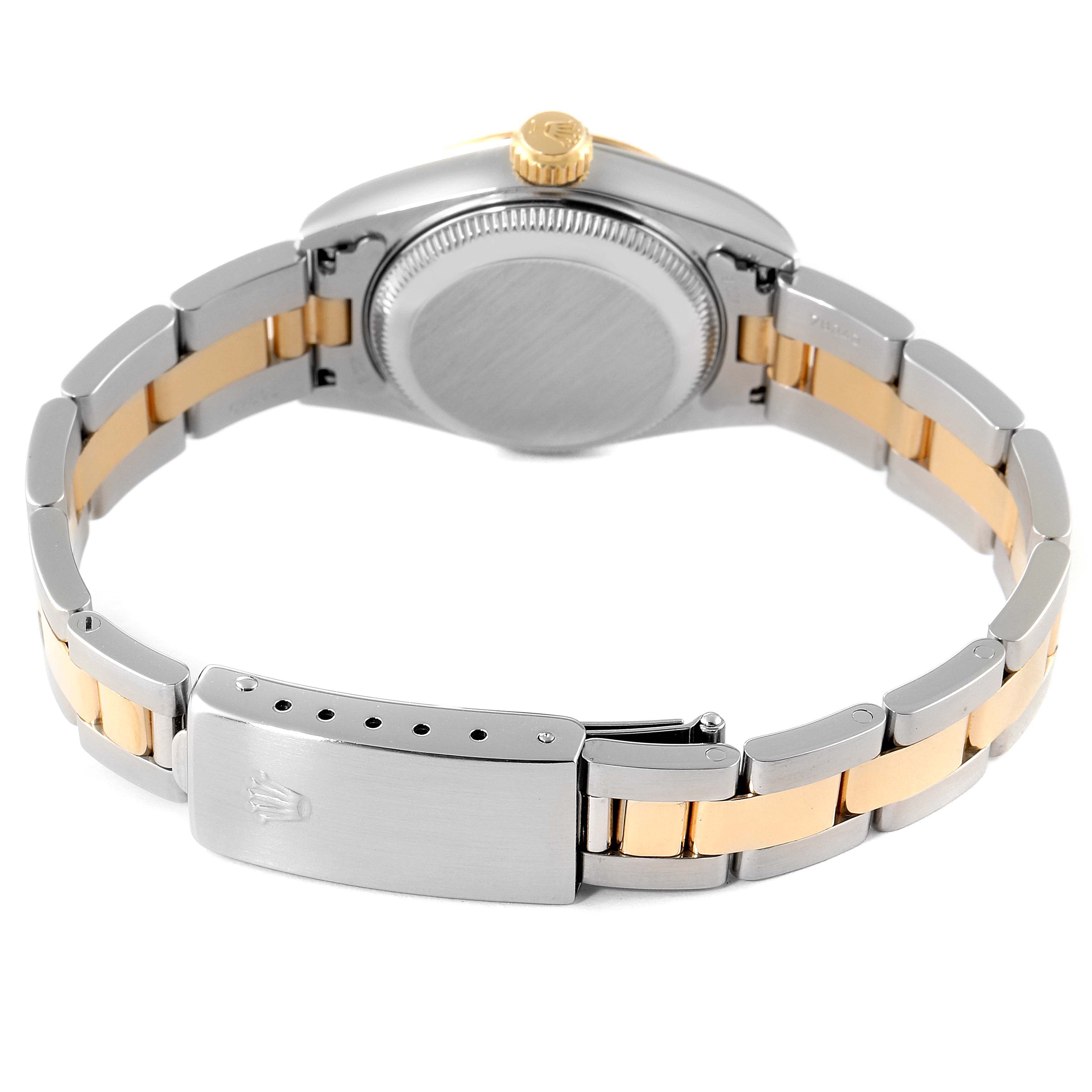 The image shows the back angle of the Rolex Datejust 69173 Women's Steel and Gold (two tone) Brown Dial 69173 Women's Steel and Gold (two tone) Brown Dial watch, highlighting the clasp, bracelet, case back, and crown.