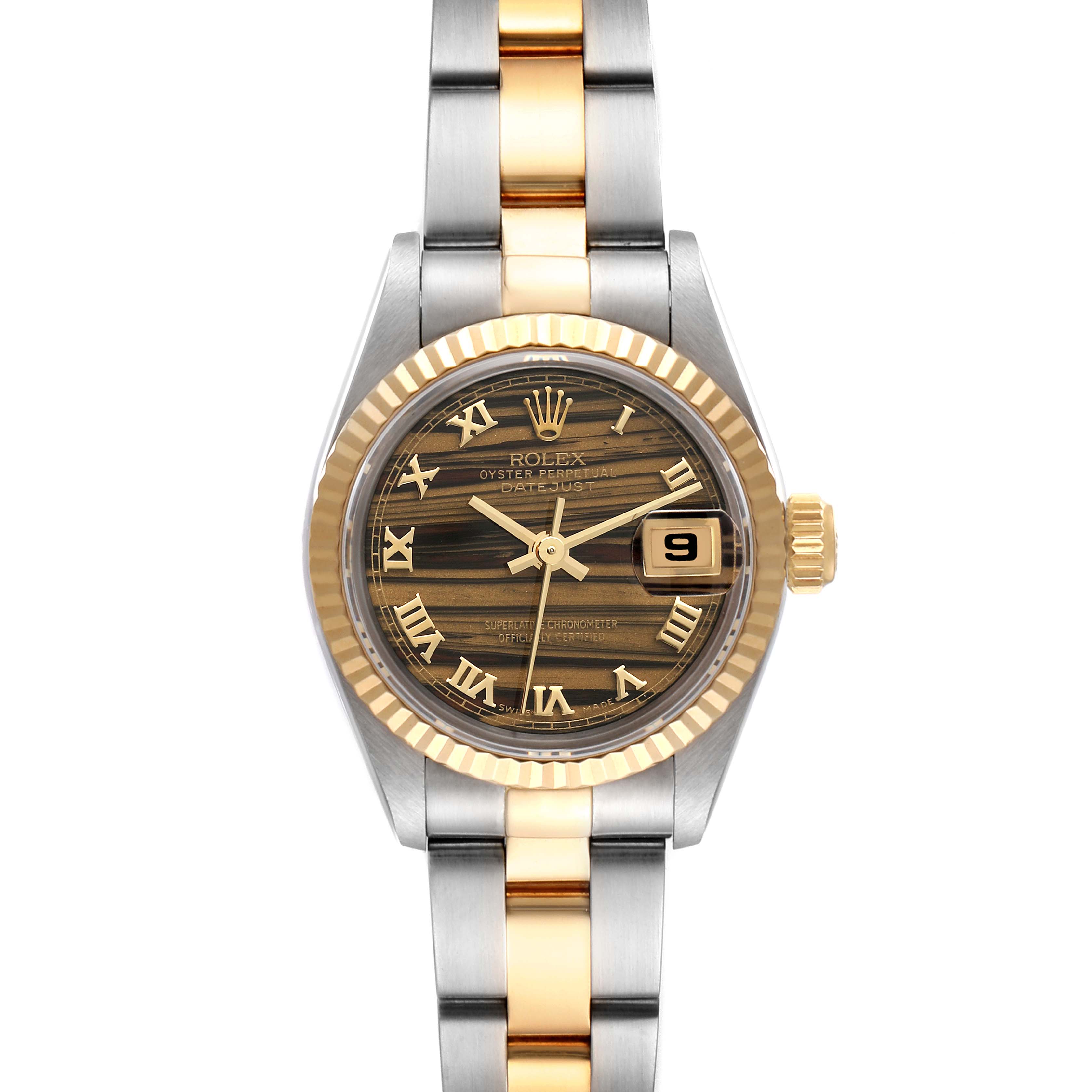 This image shows a front view of a Rolex Datejust 69173 Women's Steel and Gold (two tone) Brown Dial 69173 Women's Steel and Gold (two tone) Brown Dial model, highlighting the dial, bezel, crown, and bracelet.