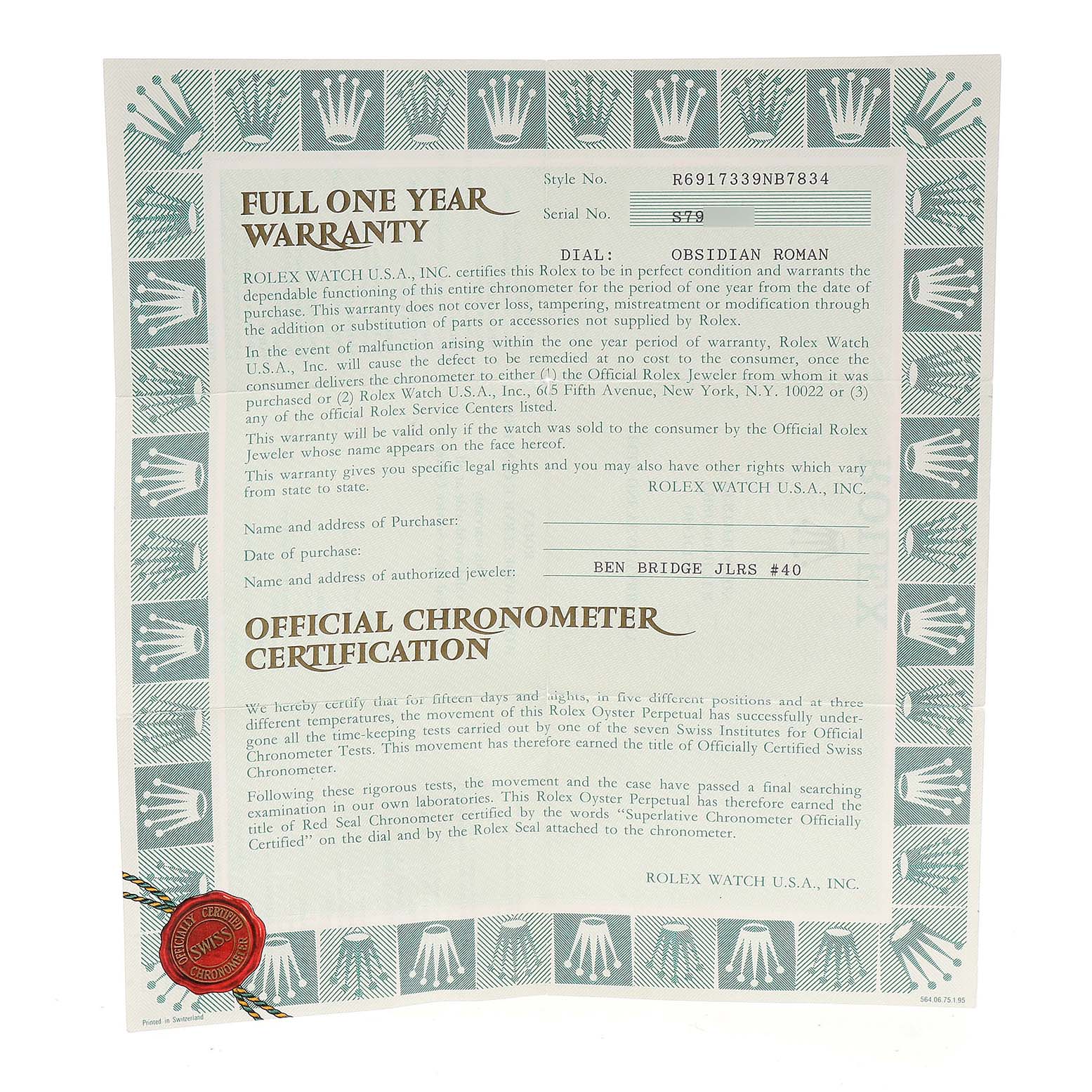 This image shows the warranty and certification document for the Rolex Datejust 69173 Women's Steel and Gold (two tone) Brown Dial 69173 Women's Steel and Gold (two tone) Brown Dial model.