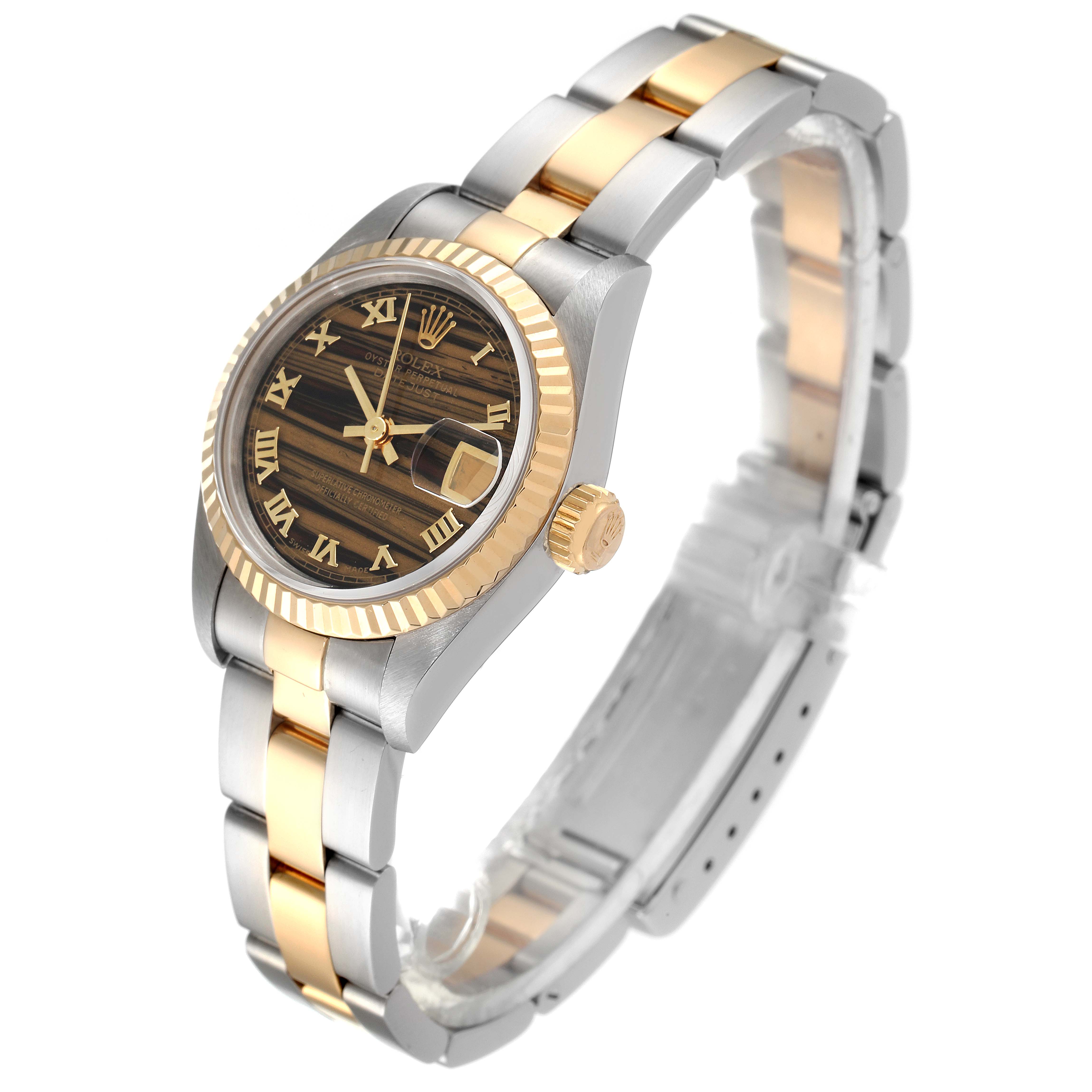 This image shows a Rolex Datejust 69173 Women's Steel and Gold (two tone) Brown Dial 69173 Women's Steel and Gold (two tone) Brown Dial watch at a three-quarter angle, highlighting the face, crown, bezel, and two-tone bracelet.