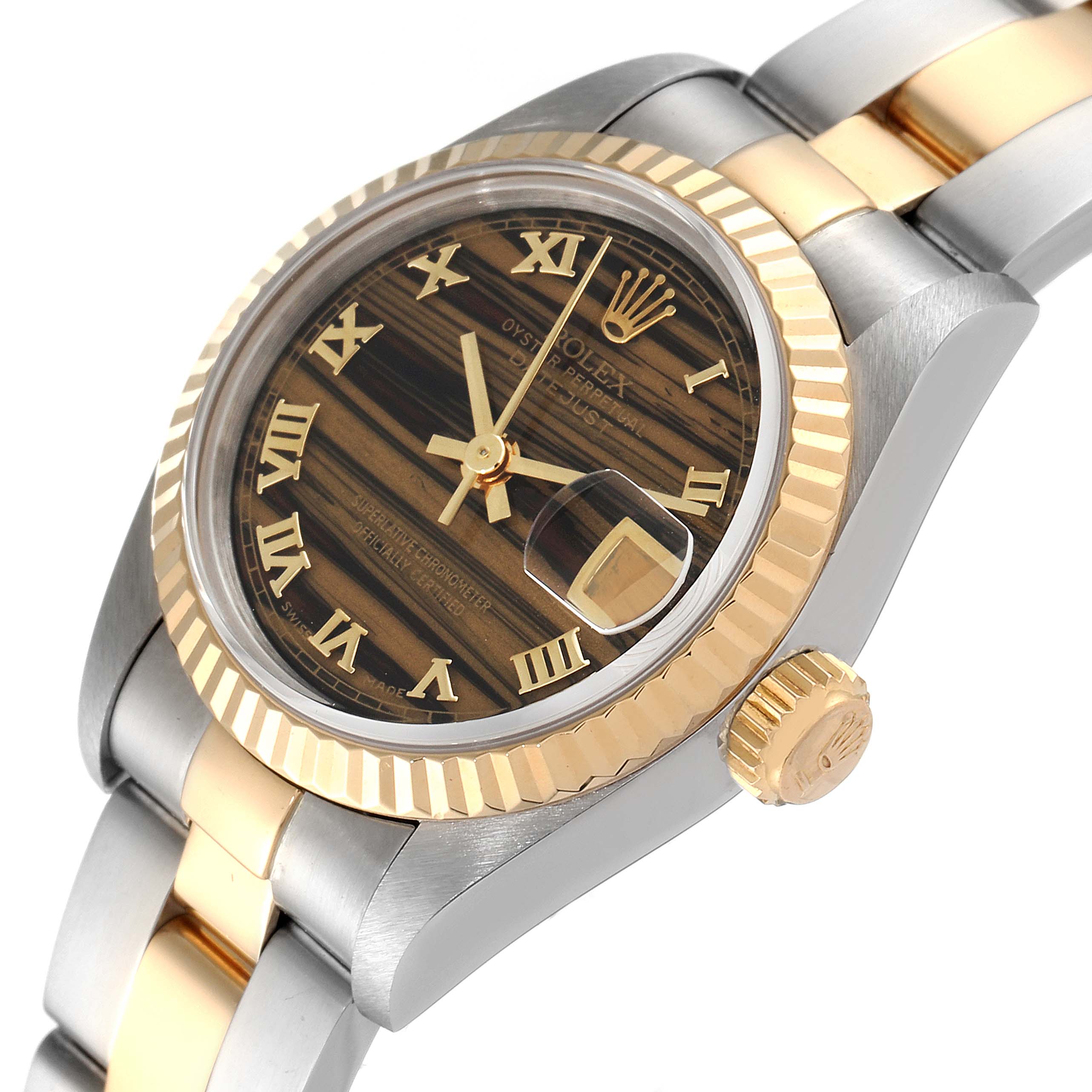 The image shows a Rolex Datejust 69173 Women's Steel and Gold (two tone) Brown Dial 69173 Women's Steel and Gold (two tone) Brown Dial watch from an angled side view, highlighting its dial, bezel, crown, and bracelet.