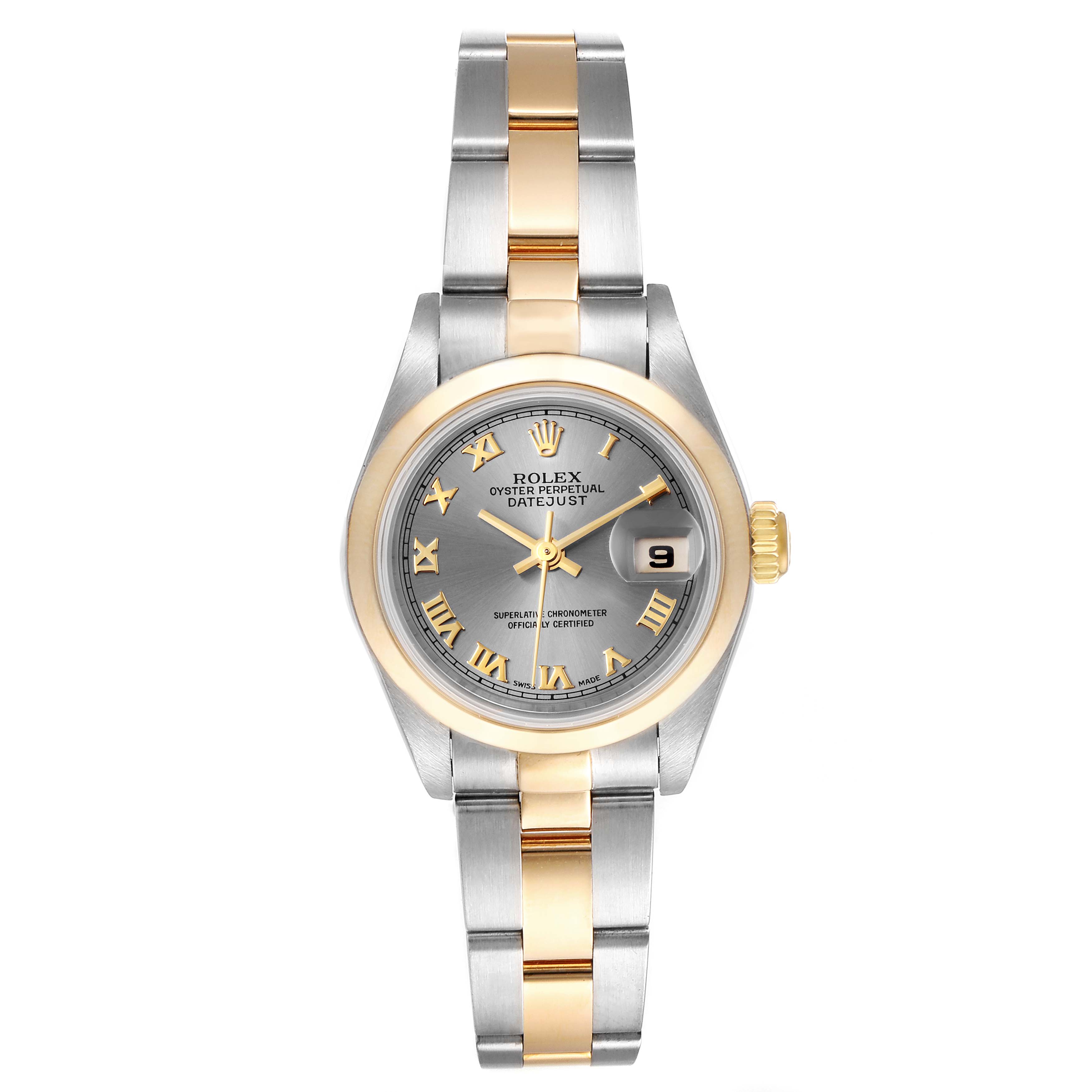 This is a front view of a Rolex Datejust 79163 Women's Steel and Gold (two tone) Grey Dial 79163 Women's Steel and Gold (two tone) Grey Dial watch, displaying its bracelet, face, bezel, and crown.