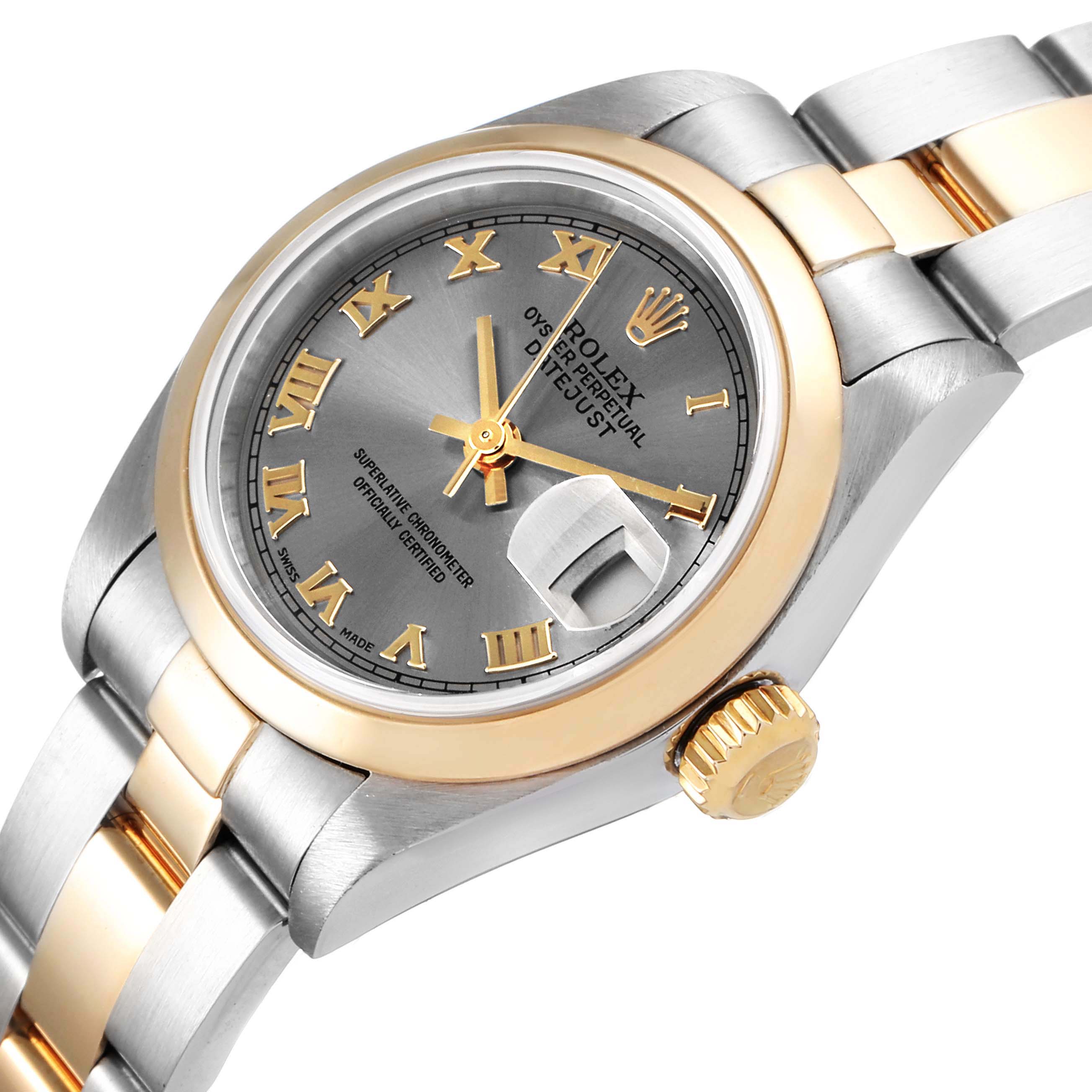 The image shows a close-up of the Rolex Datejust 79163 Women's Steel and Gold (two tone) Grey Dial 79163 Women's Steel and Gold (two tone) Grey Dial watch, highlighting the dial, bezel, crown, and part of the bracelet.
