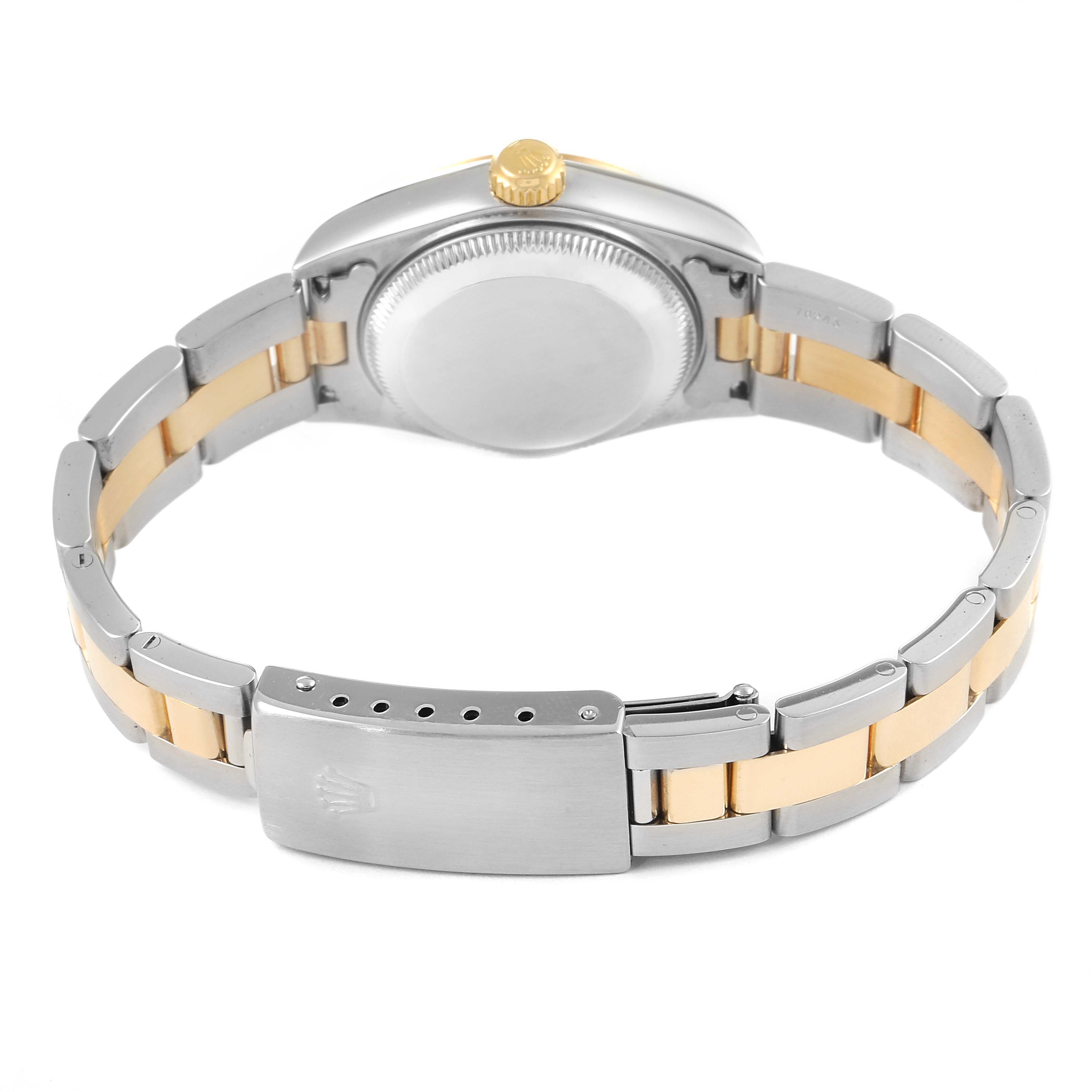 This image shows the back of a Rolex Datejust 79163 Women's Steel and Gold (two tone) Grey Dial 79163 Women's Steel and Gold (two tone) Grey Dial watch, displaying the case back, crown, and the clasp of the bracelet.