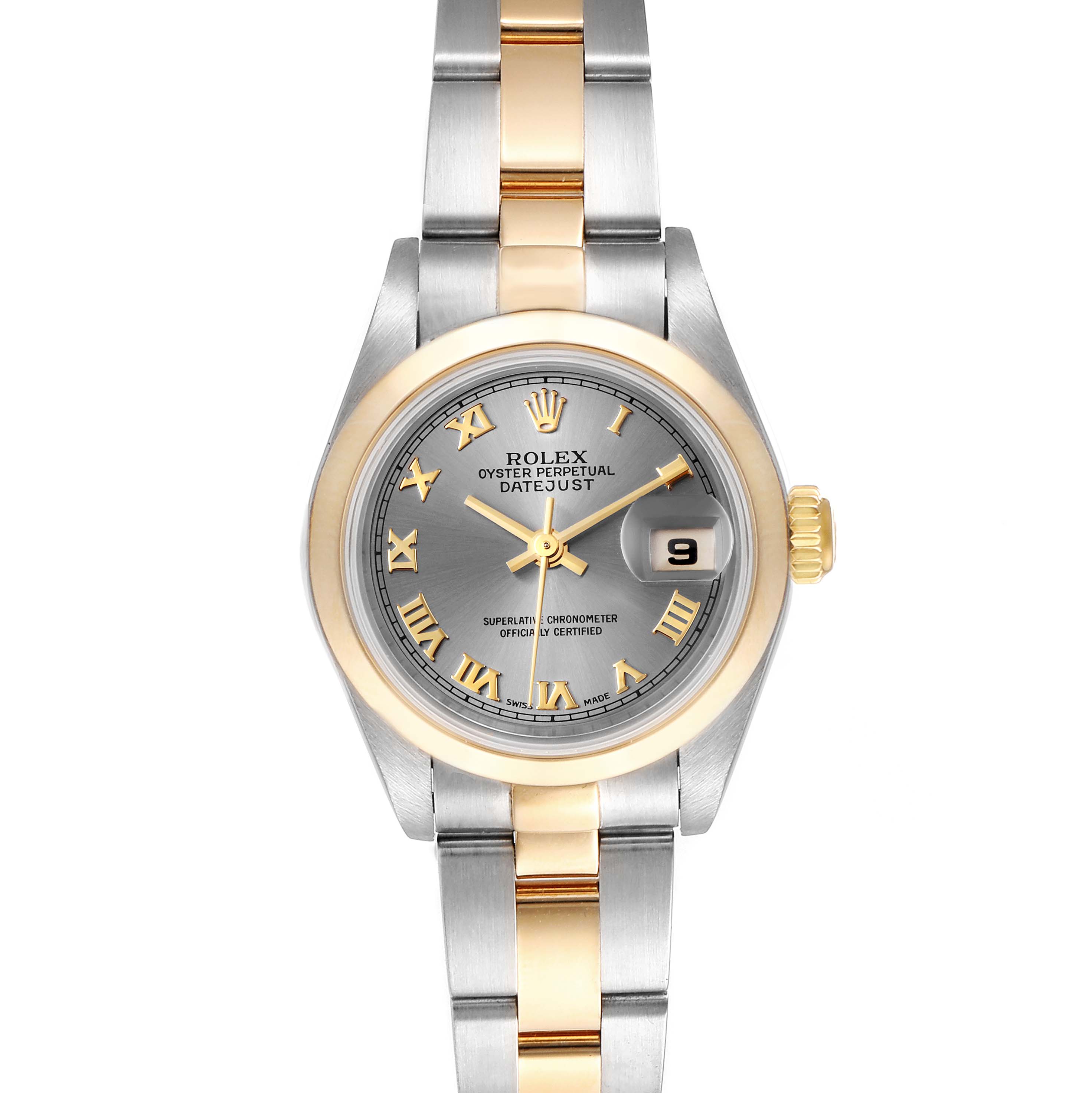 The image shows a frontal view of a Rolex Datejust 79163 Women's Steel and Gold (two tone) Grey Dial 79163 Women's Steel and Gold (two tone) Grey Dial watch featuring a two-tone metal band and a dial with Roman numerals.