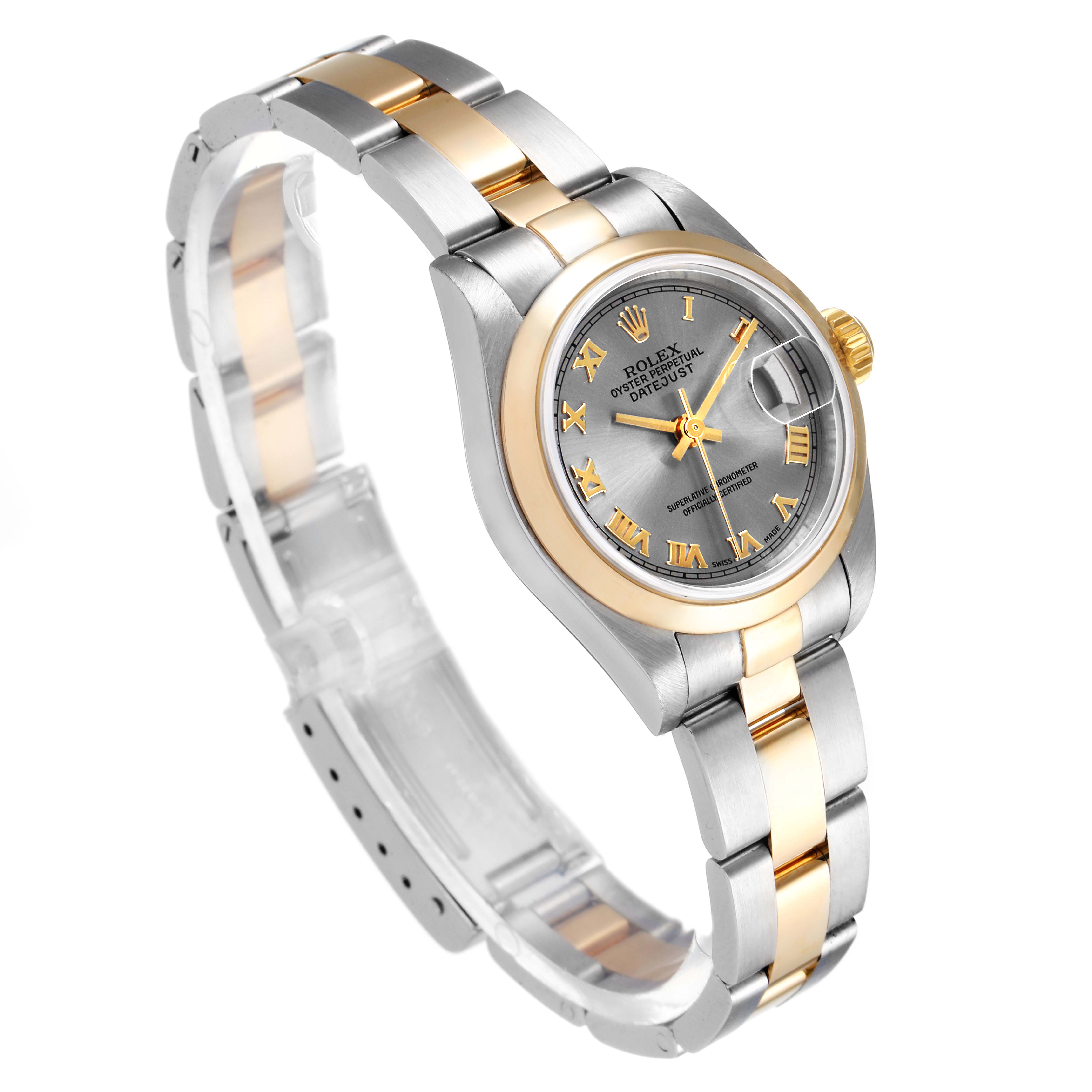 This Rolex Datejust 79163 Women's Steel and Gold (two tone) Grey Dial 79163 Women's Steel and Gold (two tone) Grey Dial watch is shown at a slight angle, displaying the dial, bracelet, and crown.