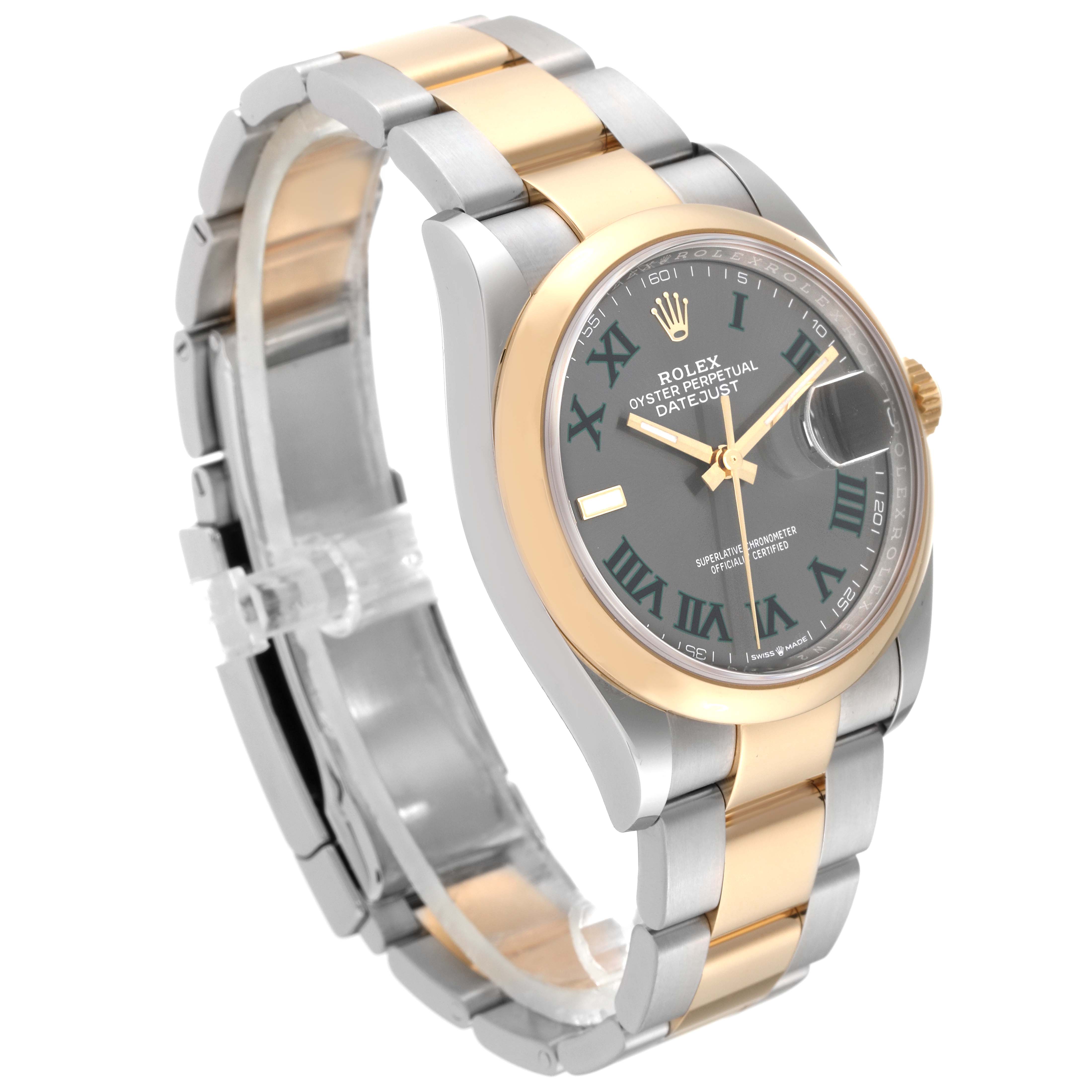 The Rolex Datejust 126203 Men
s Steel and Gold (two tone) Grey Dial 126203 Men
s Steel and Gold (two tone) Grey Dial watch is shown at a three-quarter angle, highlighting its two-tone metal bracelet and grey dial with Roman numerals.
