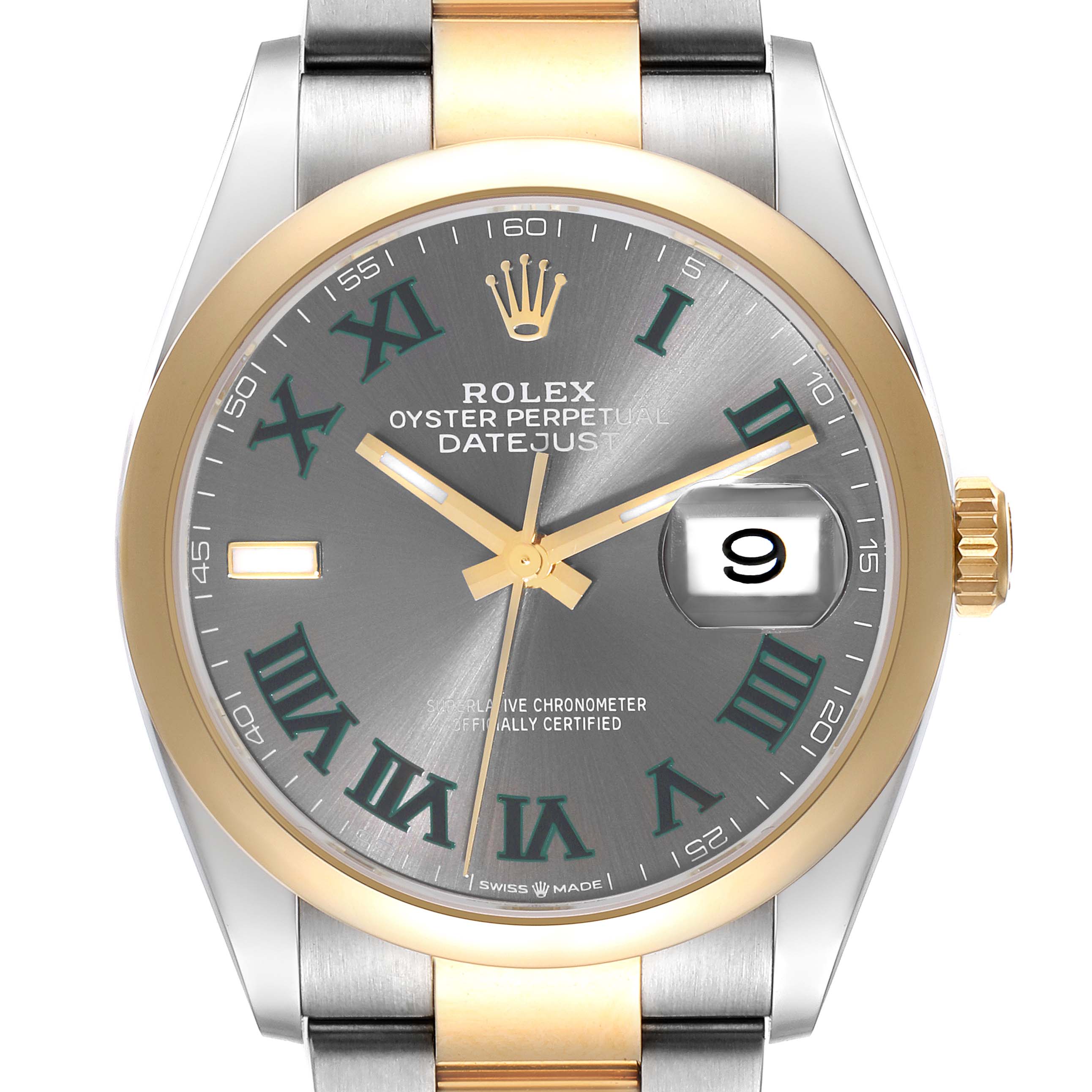 The image shows a Rolex Datejust 126203 Men
s Steel and Gold (two tone) Grey Dial 126203 Men
s Steel and Gold (two tone) Grey Dial watch face from a front angle, highlighting the dial, hands, date window, and part of the bracelet.