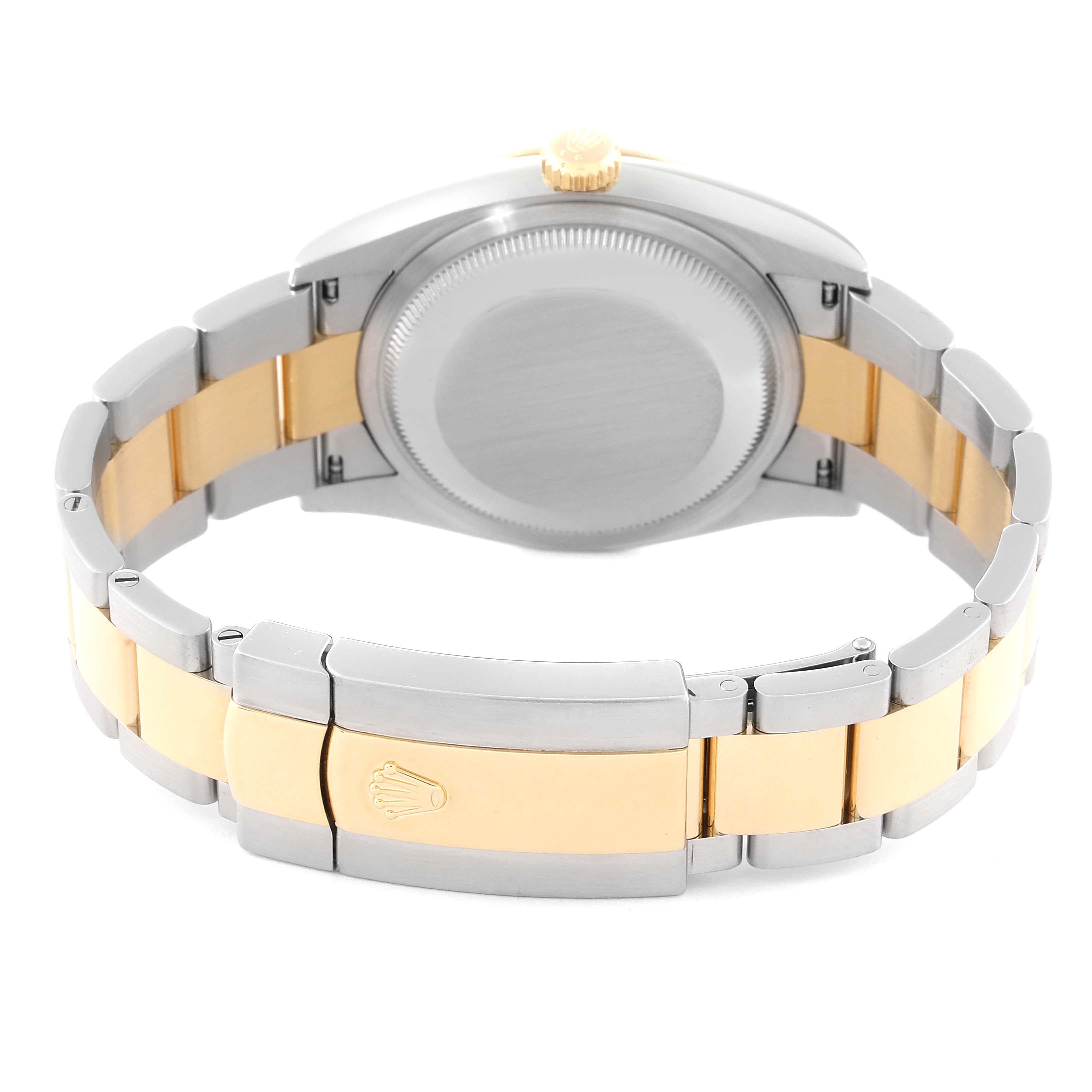 This image shows the back view of a Rolex Datejust 126203 Men
s Steel and Gold (two tone) Grey Dial 126203 Men
s Steel and Gold (two tone) Grey Dial, focusing on the case back and the two-tone bracelet clasp.