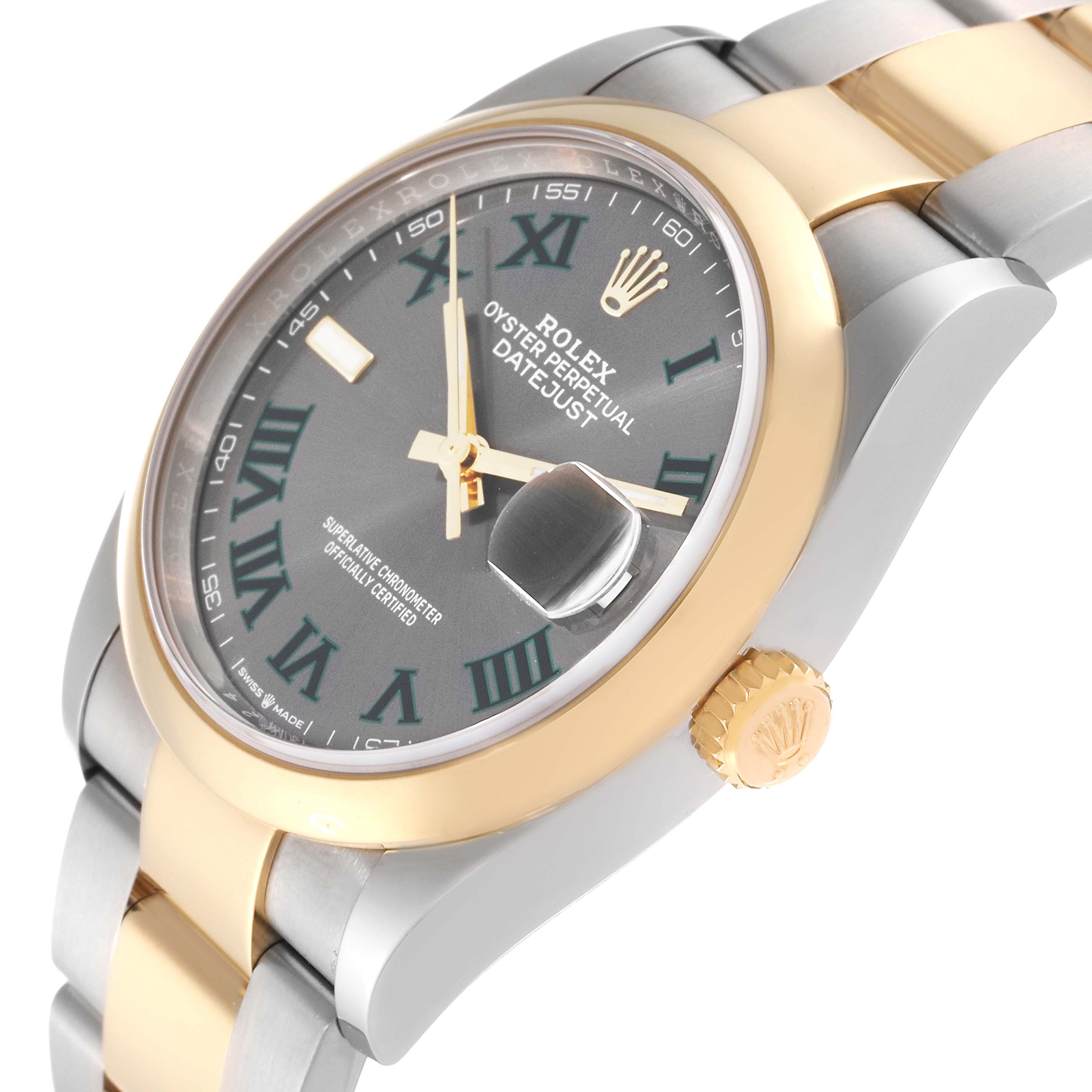 The image shows a close-up of the Rolex Datejust 126203 Men
s Steel and Gold (two tone) Grey Dial 126203 Men
s Steel and Gold (two tone) Grey Dial watch from a side angle, highlighting the dial, crown, and part of the bracelet.