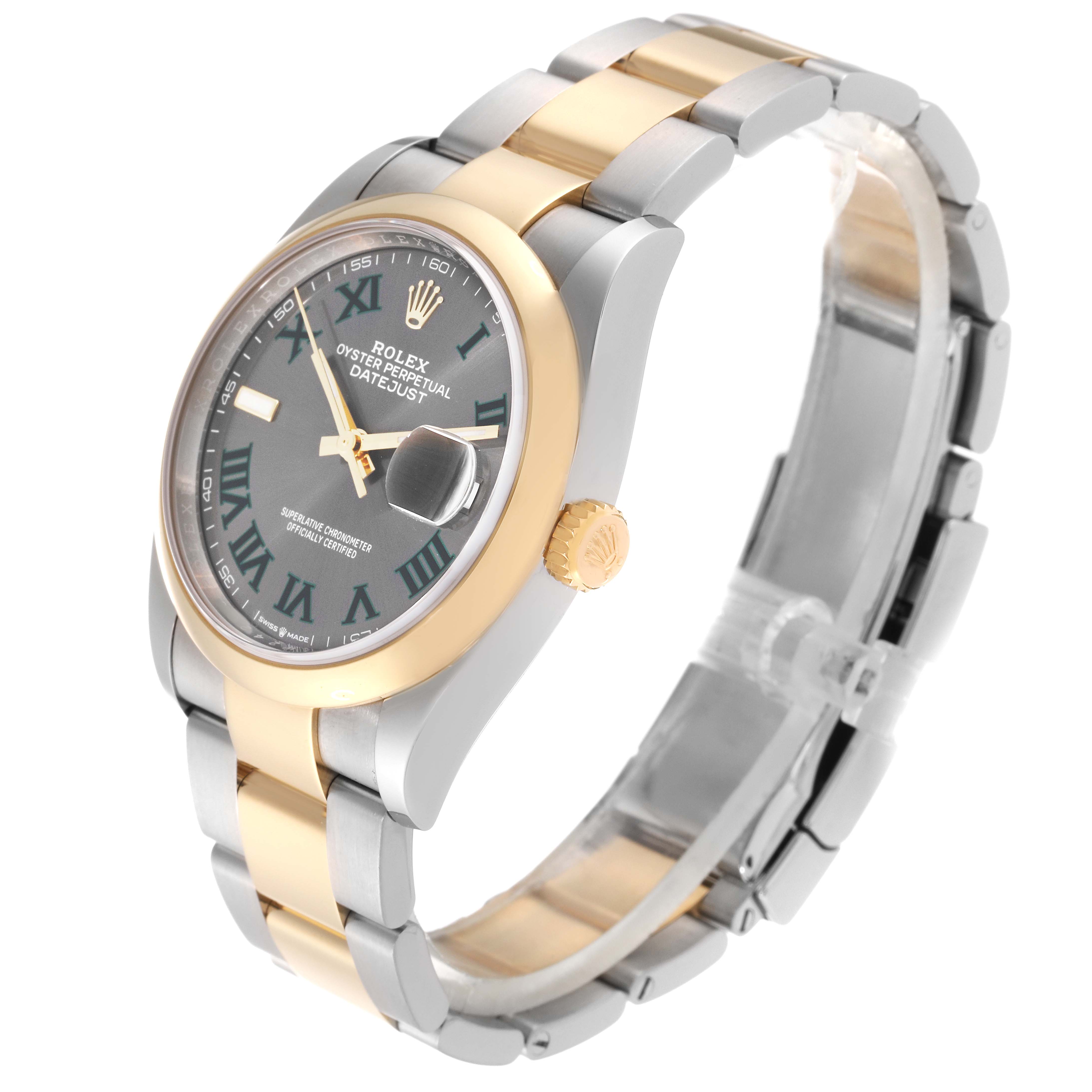 This image shows a side and frontal angle of the Rolex Datejust 126203 Men
s Steel and Gold (two tone) Grey Dial 126203 Men
s Steel and Gold (two tone) Grey Dial watch, highlighting the case, bezel, crown, dial, and bracelet.