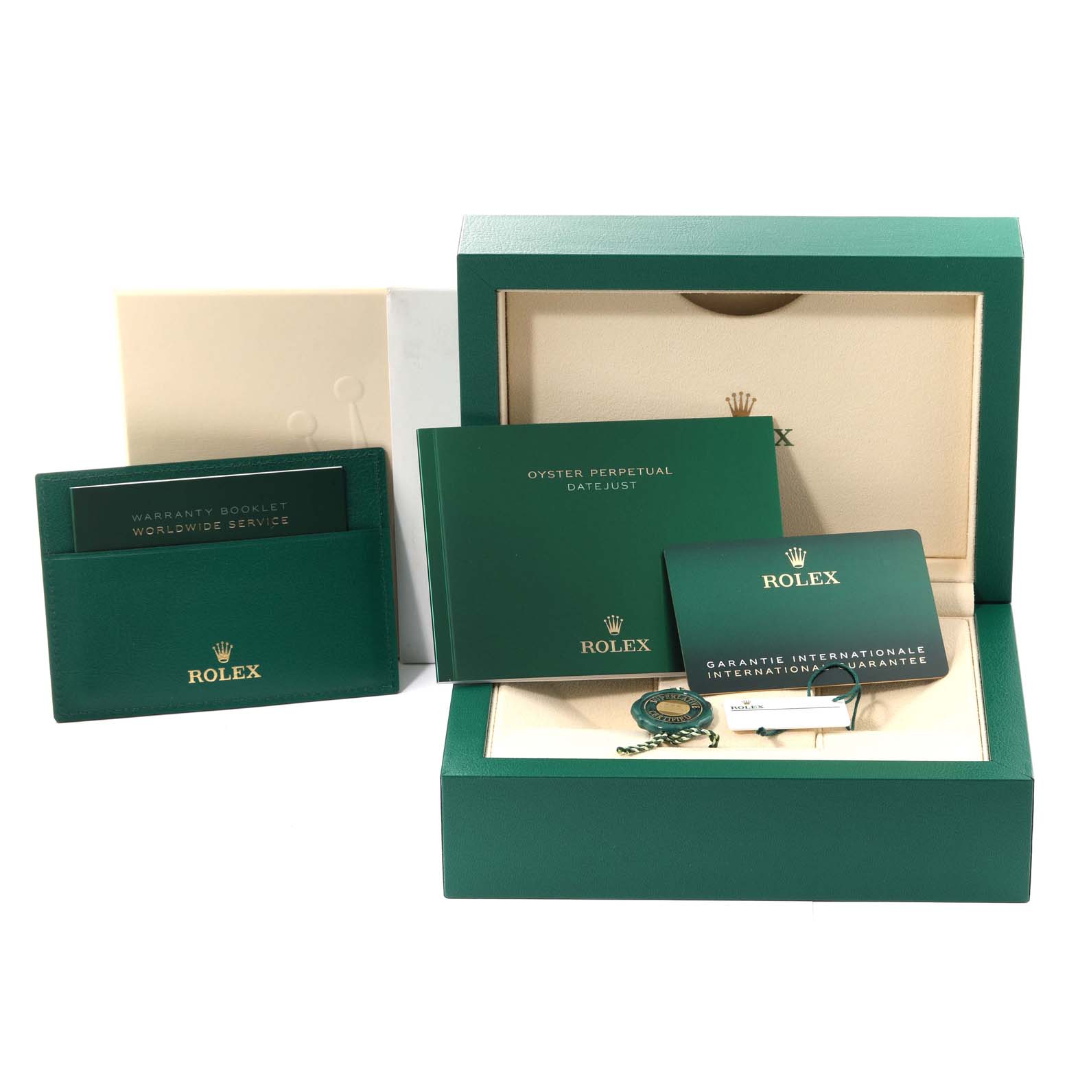 The image shows a green Rolex Datejust 126203 Men
s Steel and Gold (two tone) Grey Dial 126203 Men
s Steel and Gold (two tone) Grey Dial box set with booklets, warranty card, and tag.