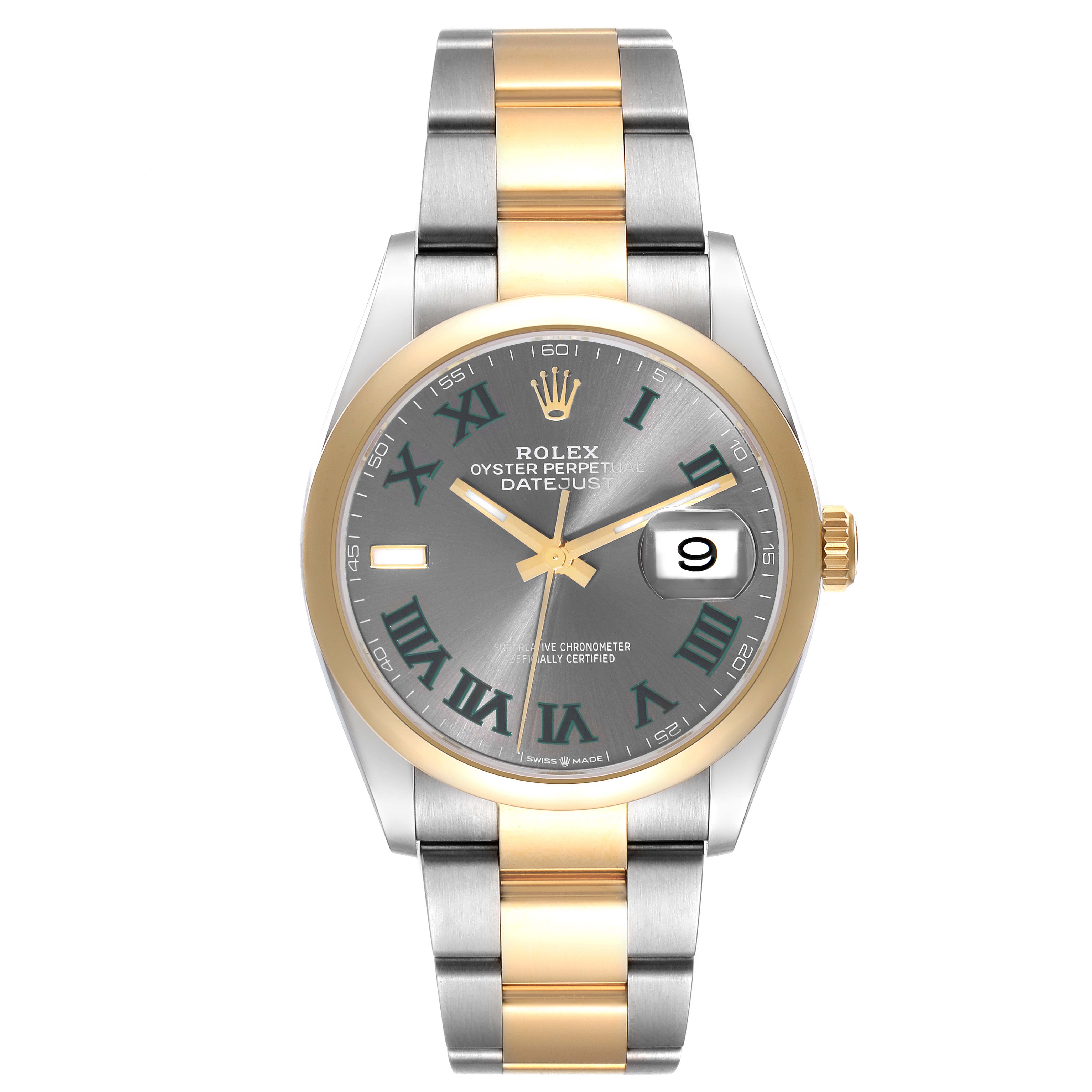 The Rolex Datejust 126203 Men
s Steel and Gold (two tone) Grey Dial 126203 Men
s Steel and Gold (two tone) Grey Dial watch is shown from a top-down angle, highlighting its dial, bezel, and two-tone bracelet.