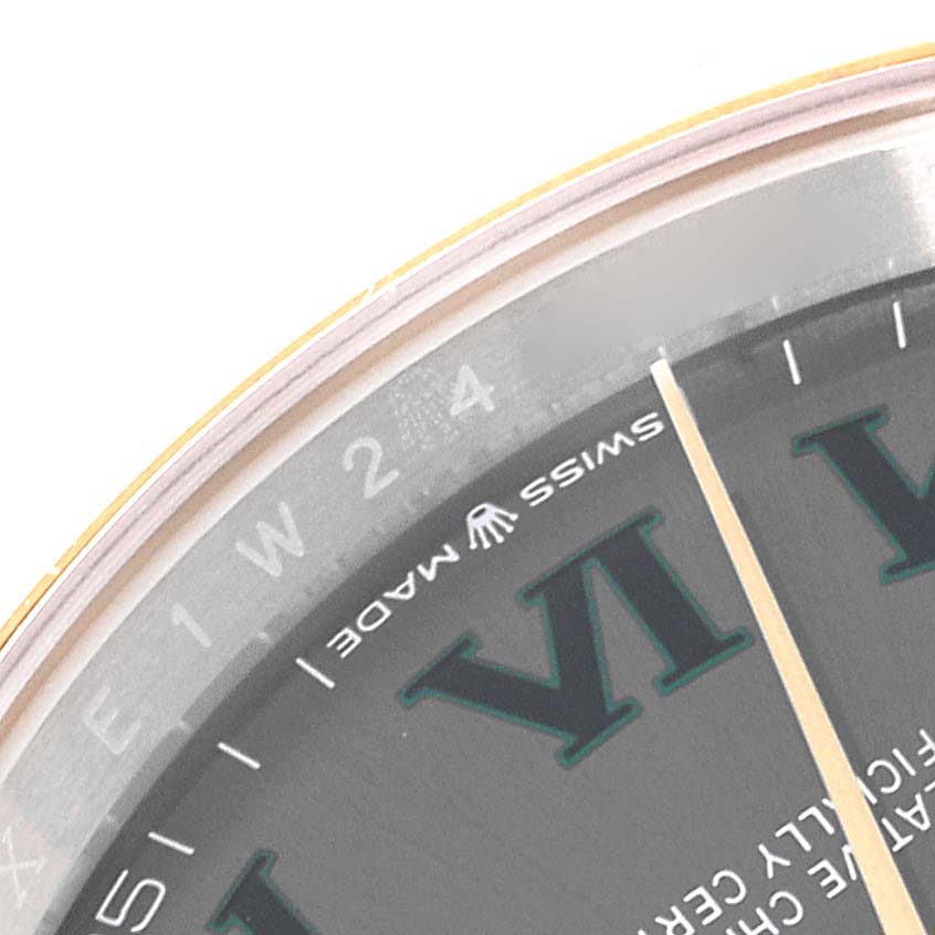 The image shows a close-up of the dial
s upper portion, displaying part of the bezel and "Swiss Made" text on a Rolex Datejust 126203 Men
s Steel and Gold (two tone) Grey Dial 126203 Men
s Steel and Gold (two tone) Grey Dial watch.