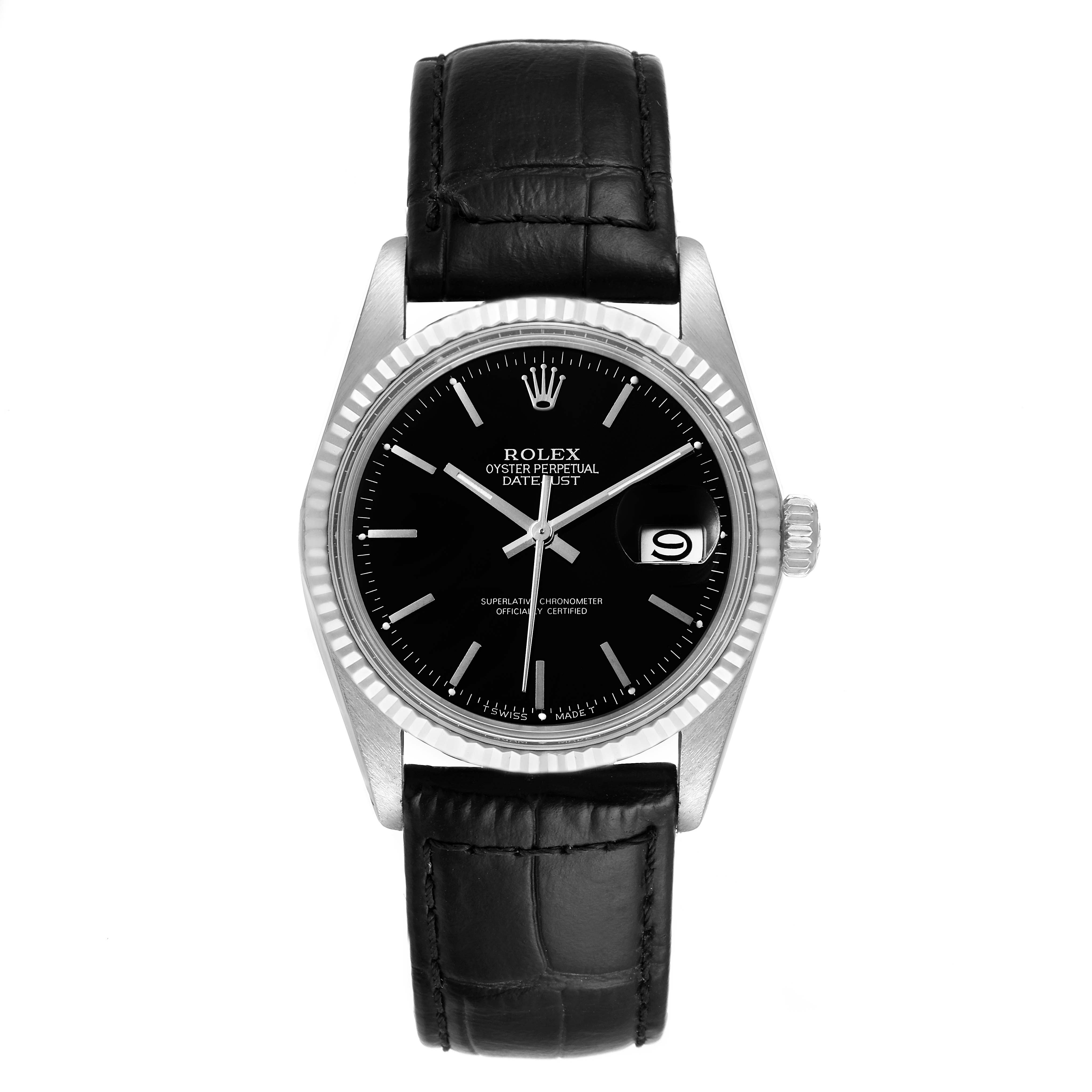 This is a front view of the Rolex Vintage Collection 16014 Men's Stainless Steel Black Dial 16014 Men's Stainless Steel Black Dial model, showing the watch face, bezel, and black leather strap.