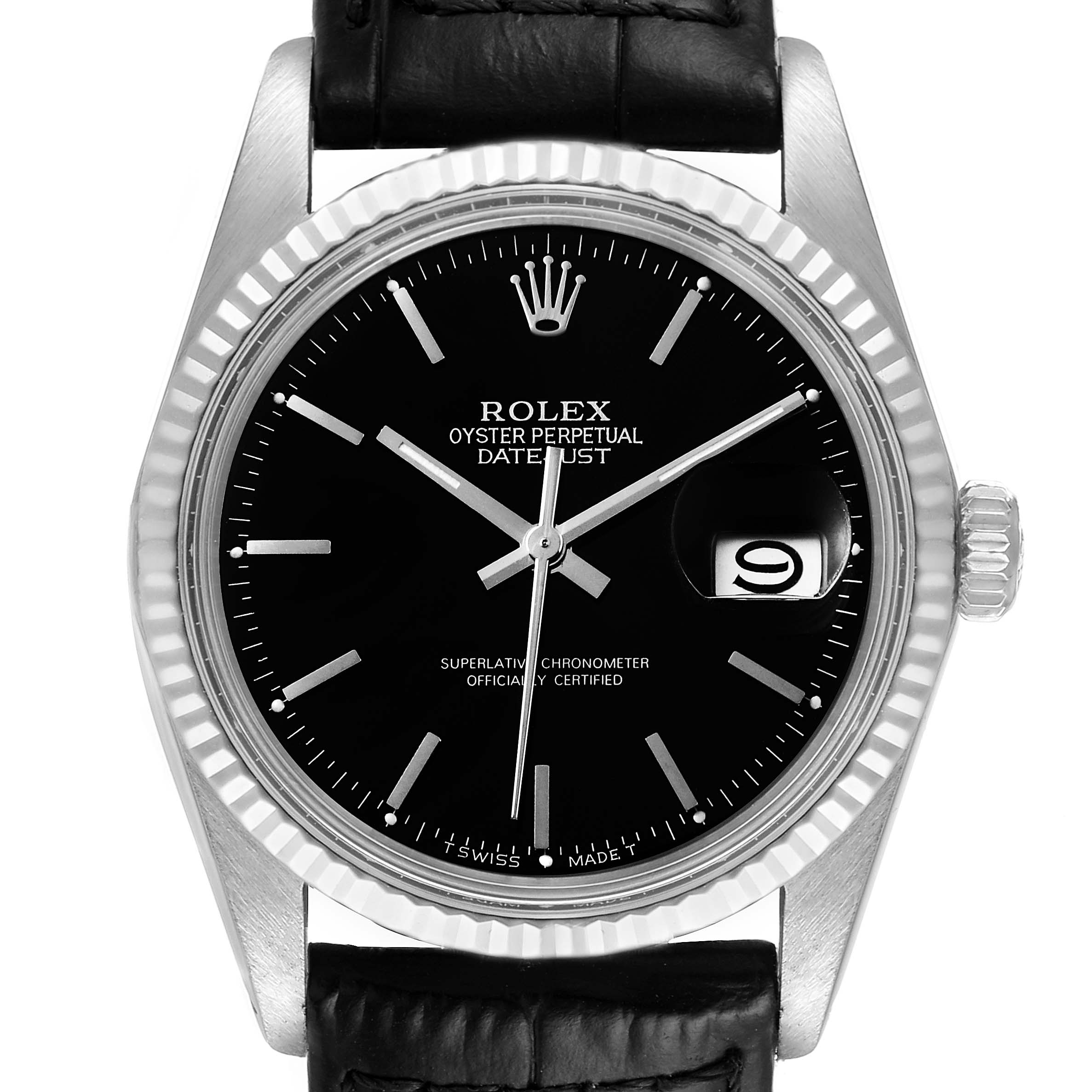 The image shows a front view of the Rolex Vintage Collection 16014 Men's Stainless Steel Black Dial 16014 Men's Stainless Steel Black Dial model with a black dial and leather strap.