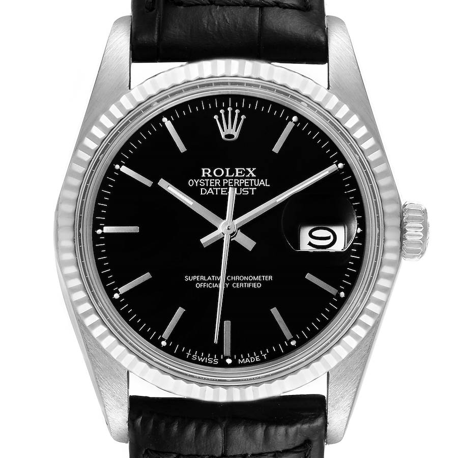 Rolex Datejust Vintage Steel White Gold Black Dial Mens Watch 16014 SwissWatchExpo