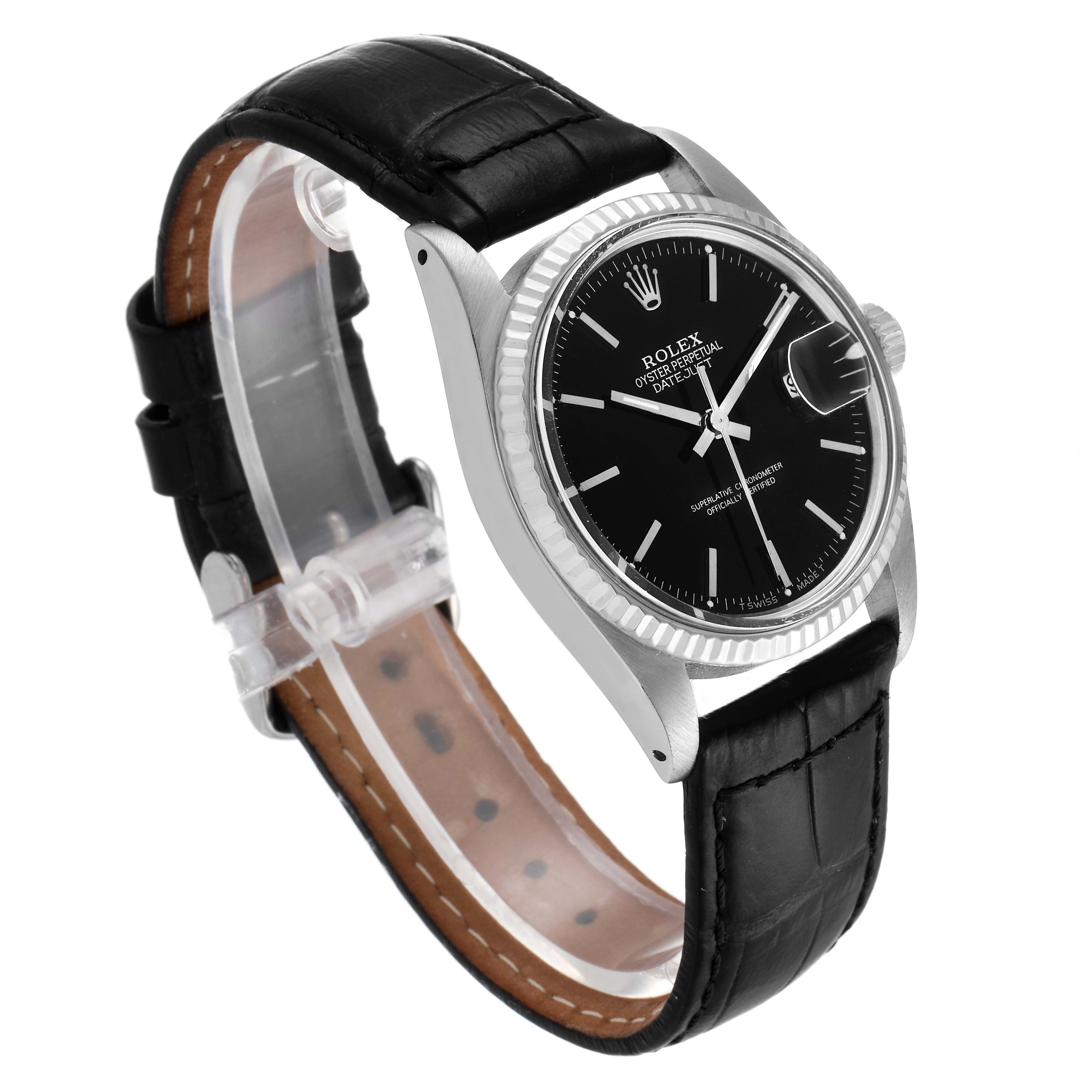 The image shows a Rolex Vintage Collection 16014 Men's Stainless Steel Black Dial 16014 Men's Stainless Steel Black Dial watch angled to display the black dial, date window, and black leather strap.