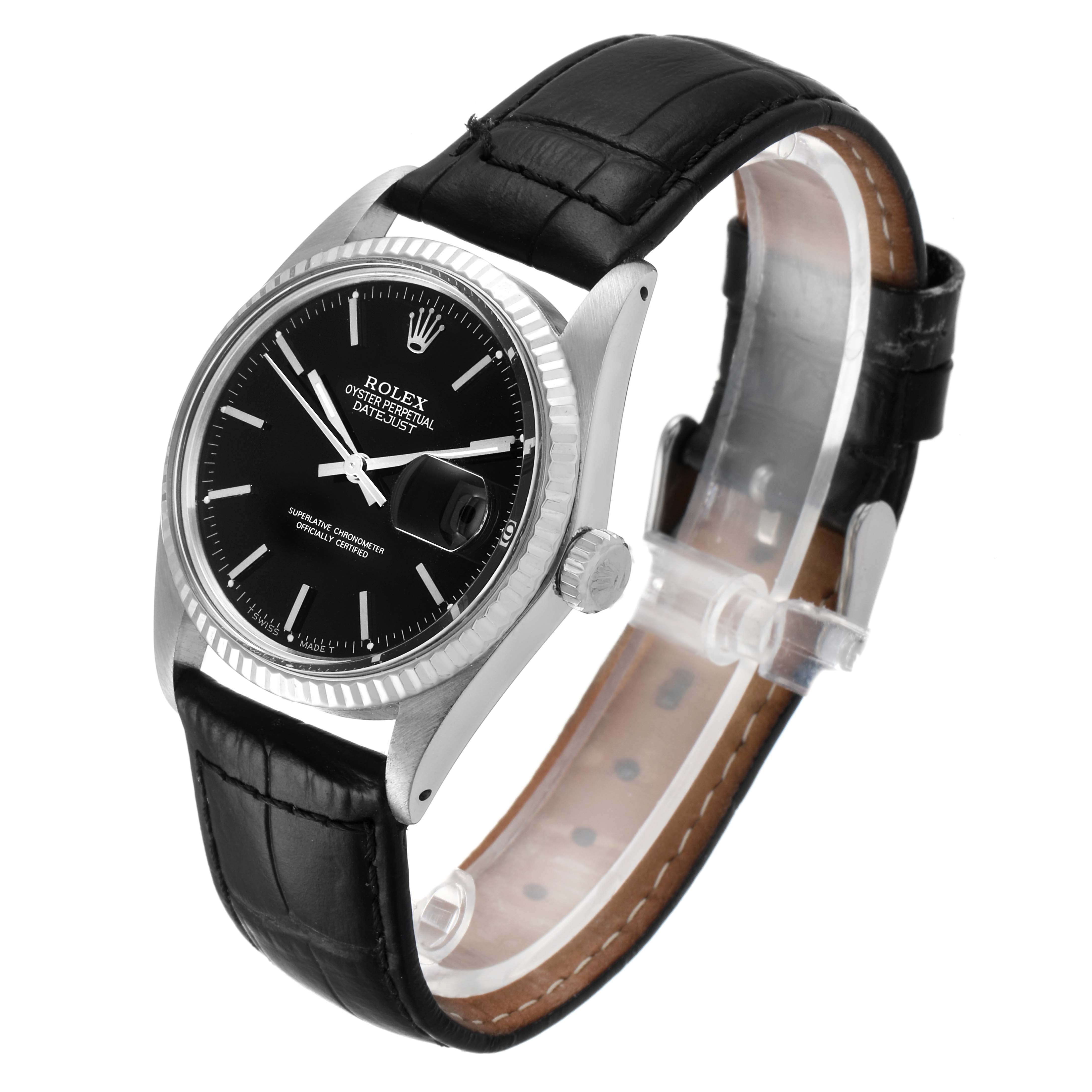 The image shows a side angle of the Rolex Vintage Collection 16014 Men's Stainless Steel Black Dial 16014 Men's Stainless Steel Black Dial watch, featuring a leather strap and black dial.