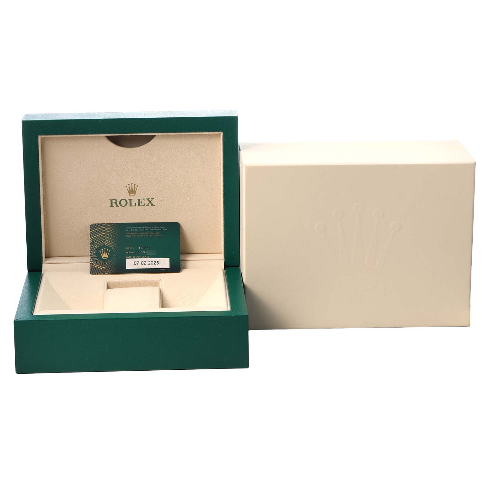 The image shows an open Rolex Daytona 126503 Men's Steel and Gold (two tone) Black Dial box with a warranty card, viewed from the front.