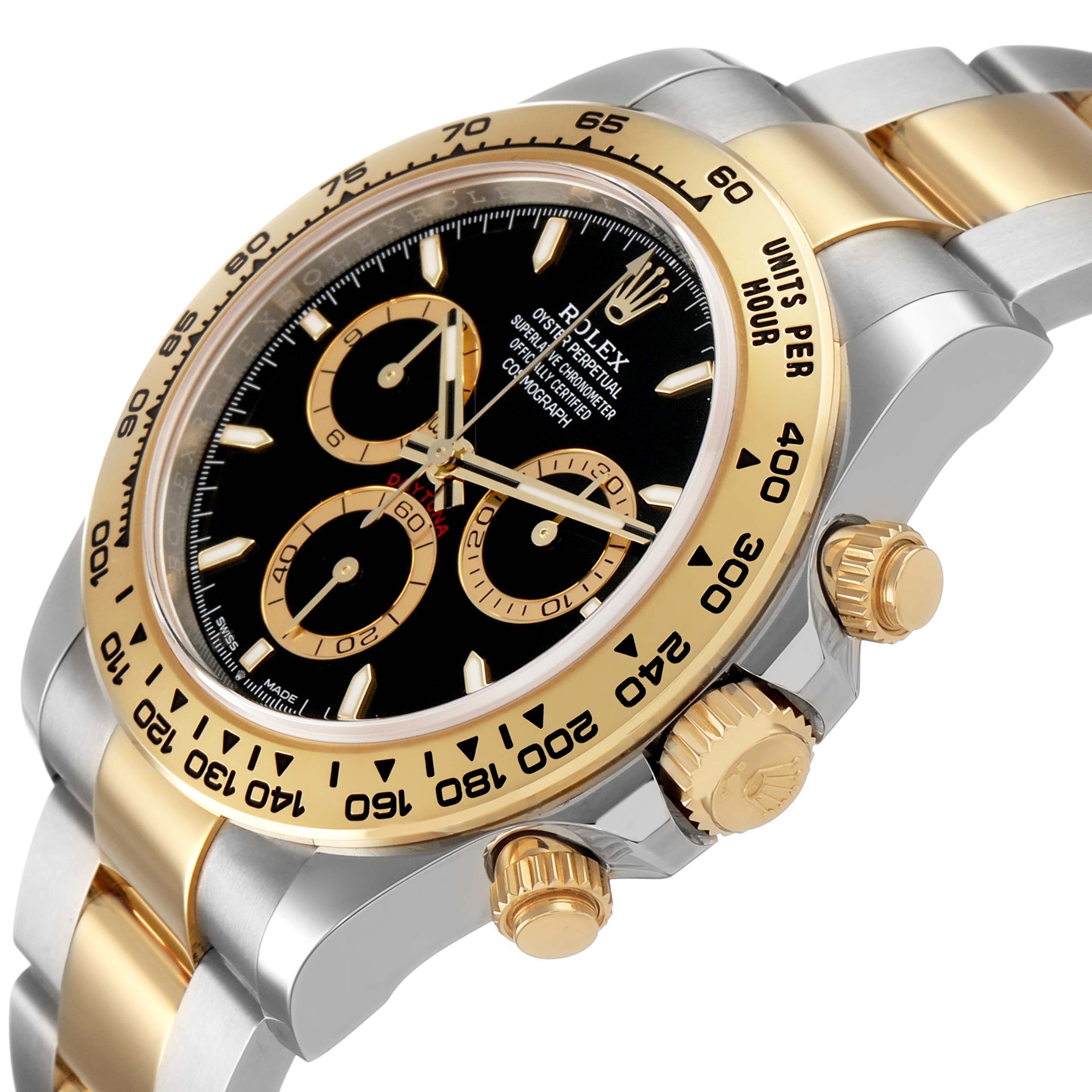 The Rolex Daytona 126503 Men's Steel and Gold (two tone) Black Dial watch is shown at an angled side view, displaying its gold bezel, chronograph dials, and bracelet detail.