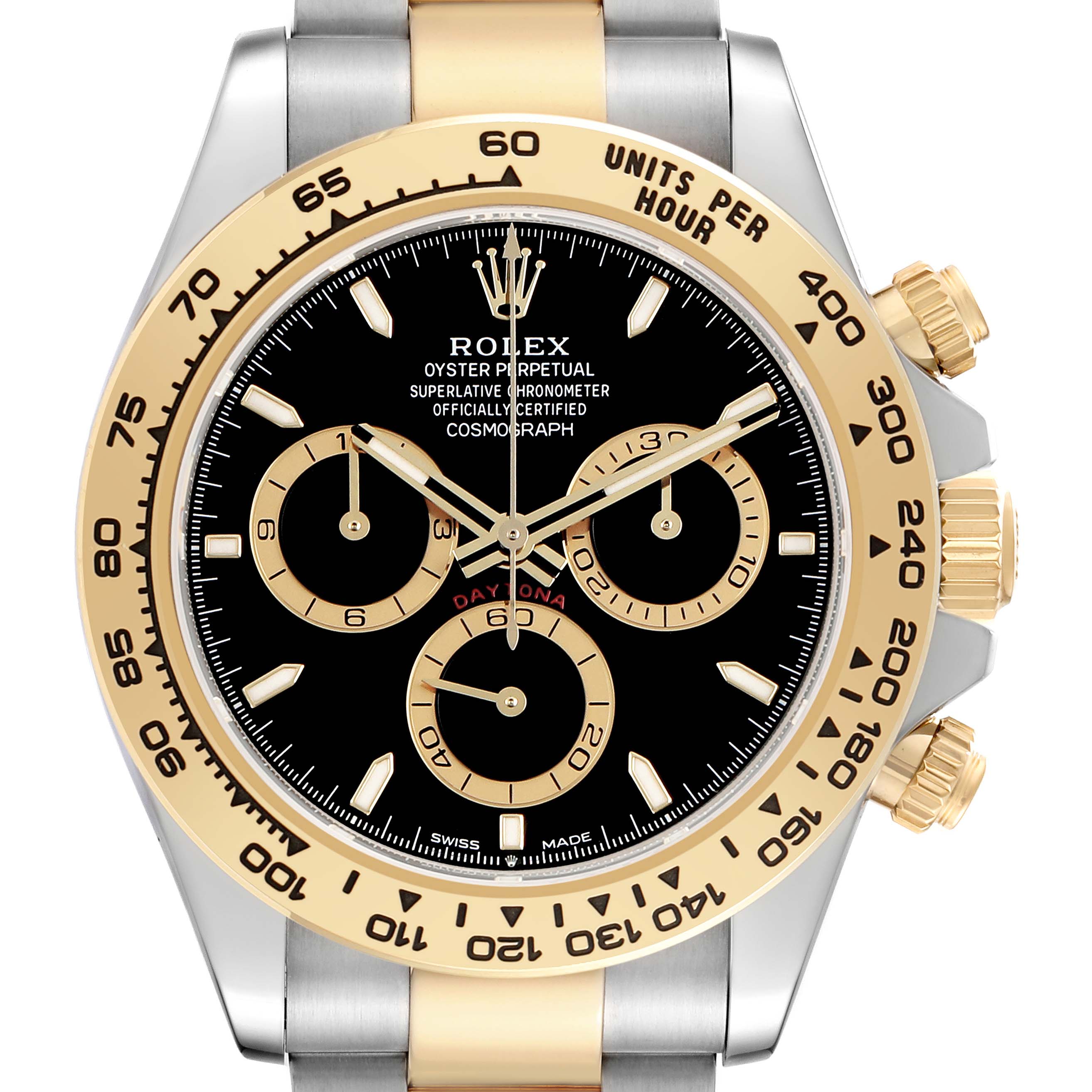 This Rolex Daytona 126503 Men's Steel and Gold (two tone) Black Dial watch is shown from a front angle, highlighting its bezel, dial, and chronograph subdials.