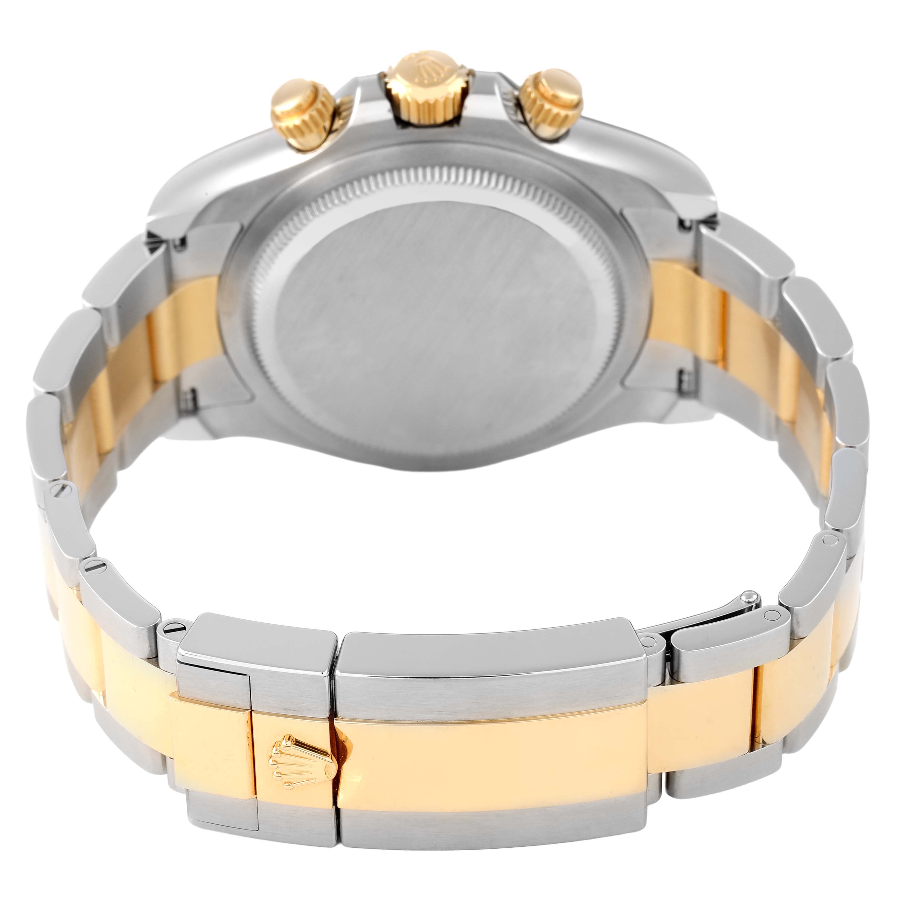 The image shows a Rolex Daytona 126503 Men's Steel and Gold (two tone) Black Dial watch from the back, highlighting the clasp, case back, and gold and silver bracelet links.