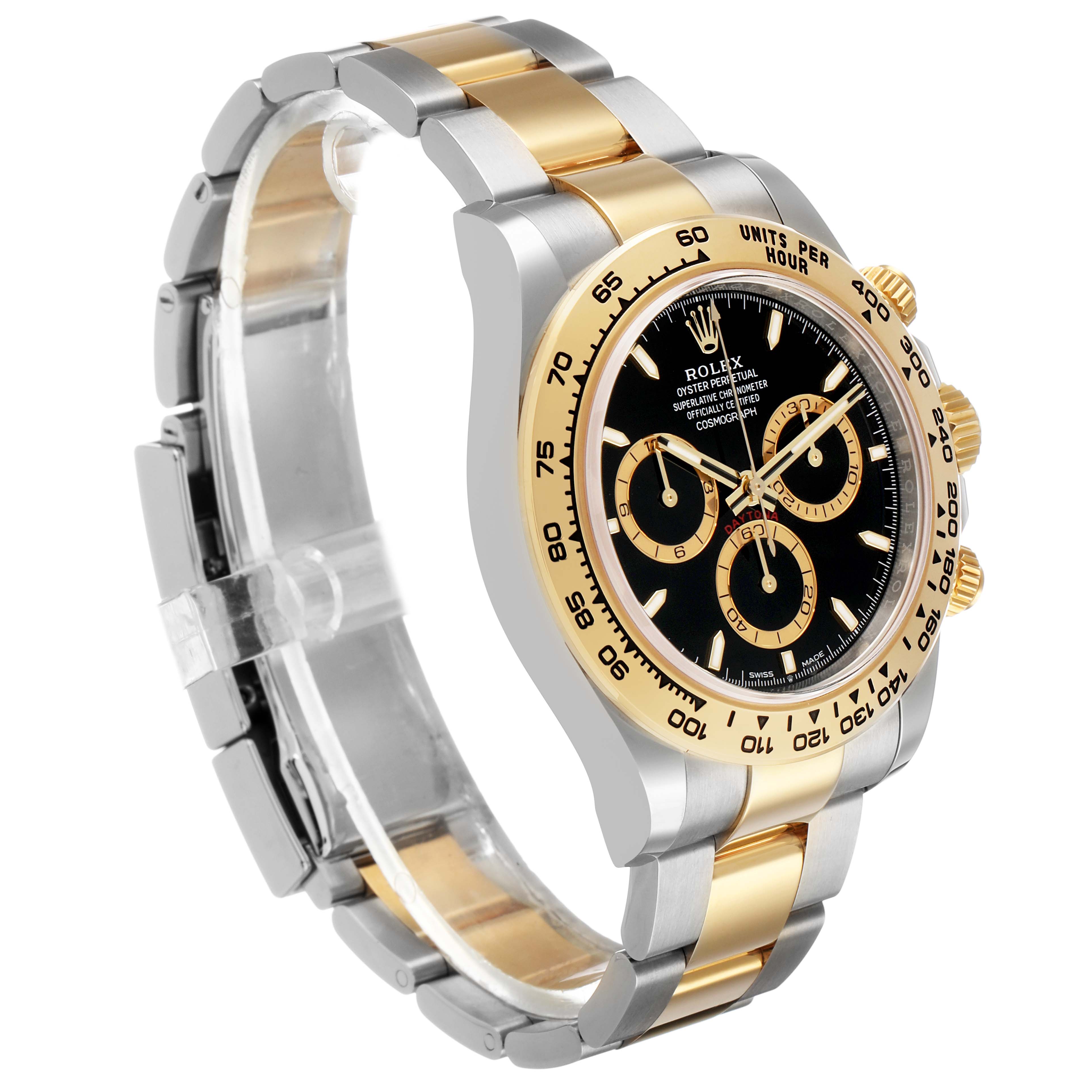 The Rolex Daytona 126503 Men's Steel and Gold (two tone) Black Dial watch is shown at an angle highlighting its black dial, gold bezel, and two-tone bracelet.