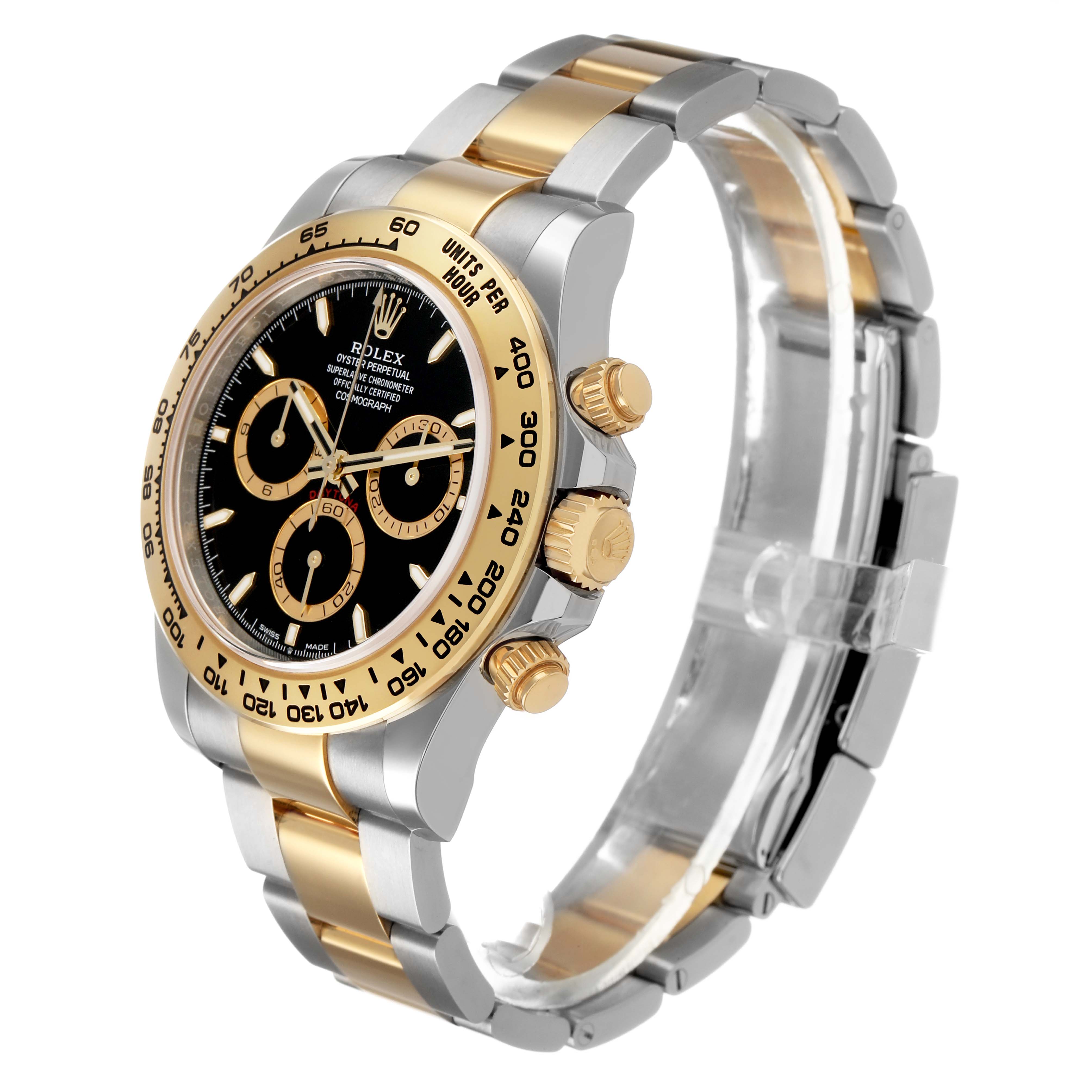 The Rolex Daytona 126503 Men's Steel and Gold (two tone) Black Dial watch is shown at a three-quarter angle highlighting the case, bezel, dial, crown, and bracelet.