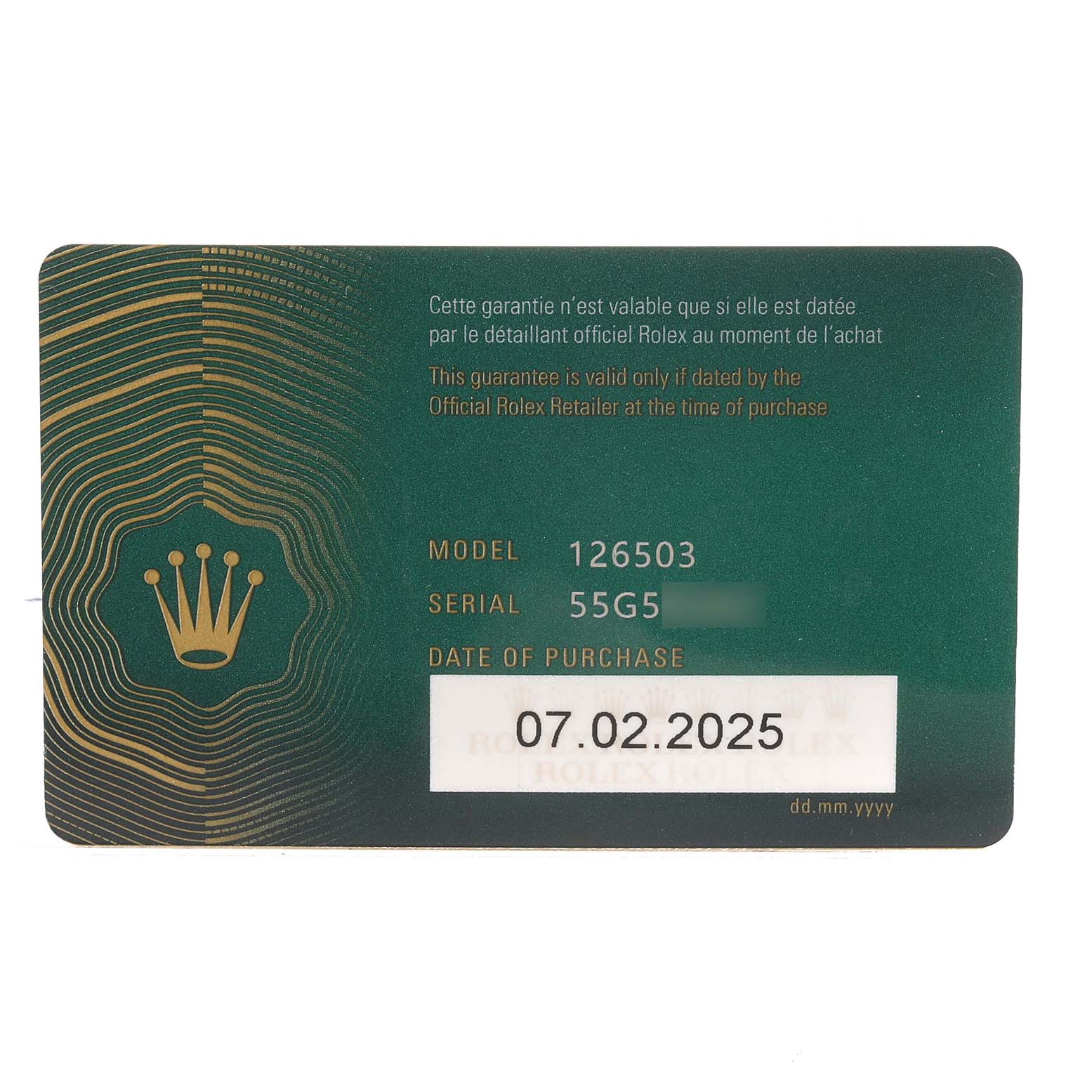 The image shows a warranty card for the Rolex Daytona 126503 Men's Steel and Gold (two tone) Black Dial model, featuring model and serial numbers, and purchase date.