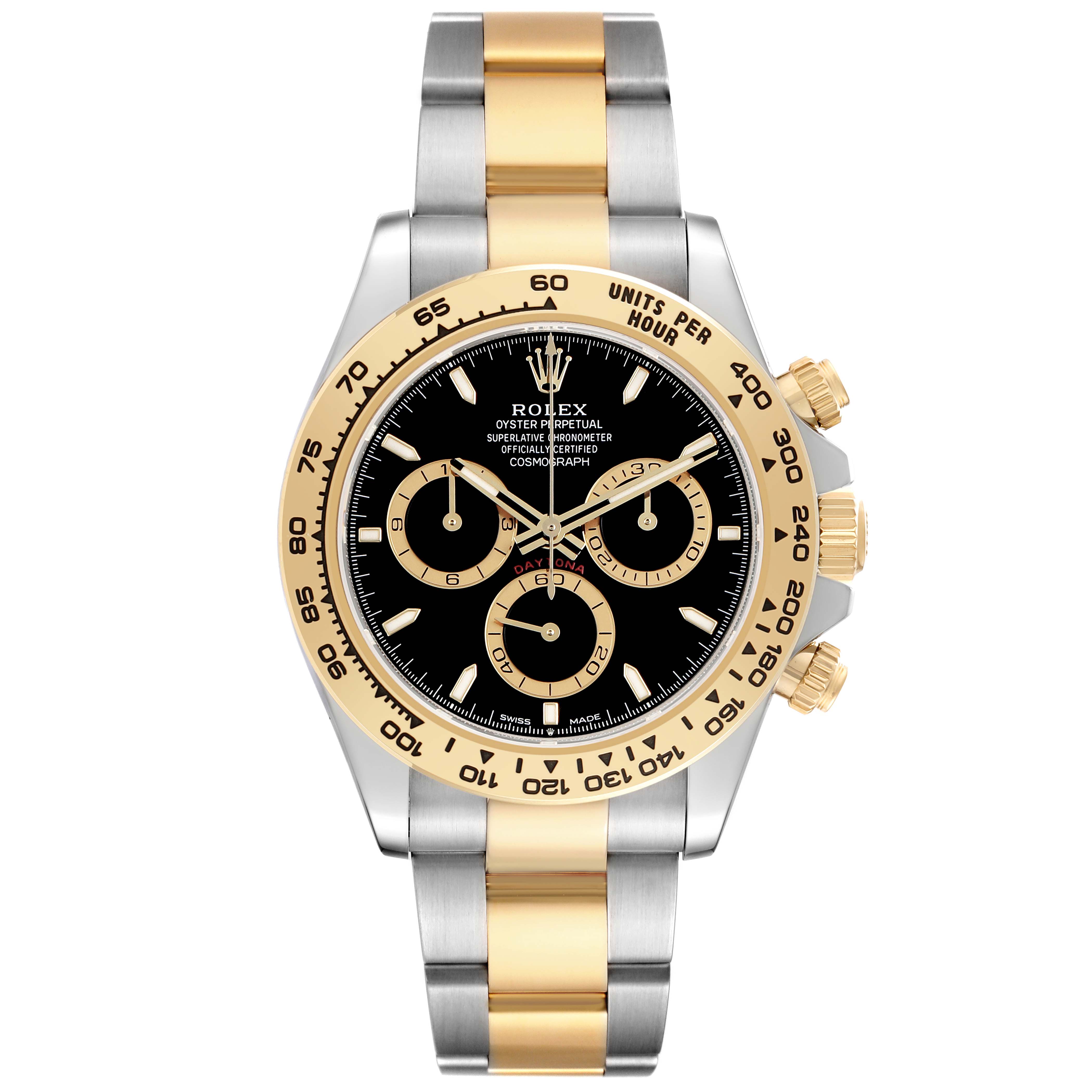 The Rolex Daytona 126503 Men's Steel and Gold (two tone) Black Dial watch is shown from the front, highlighting its bezel, dial, and two-tone bracelet.