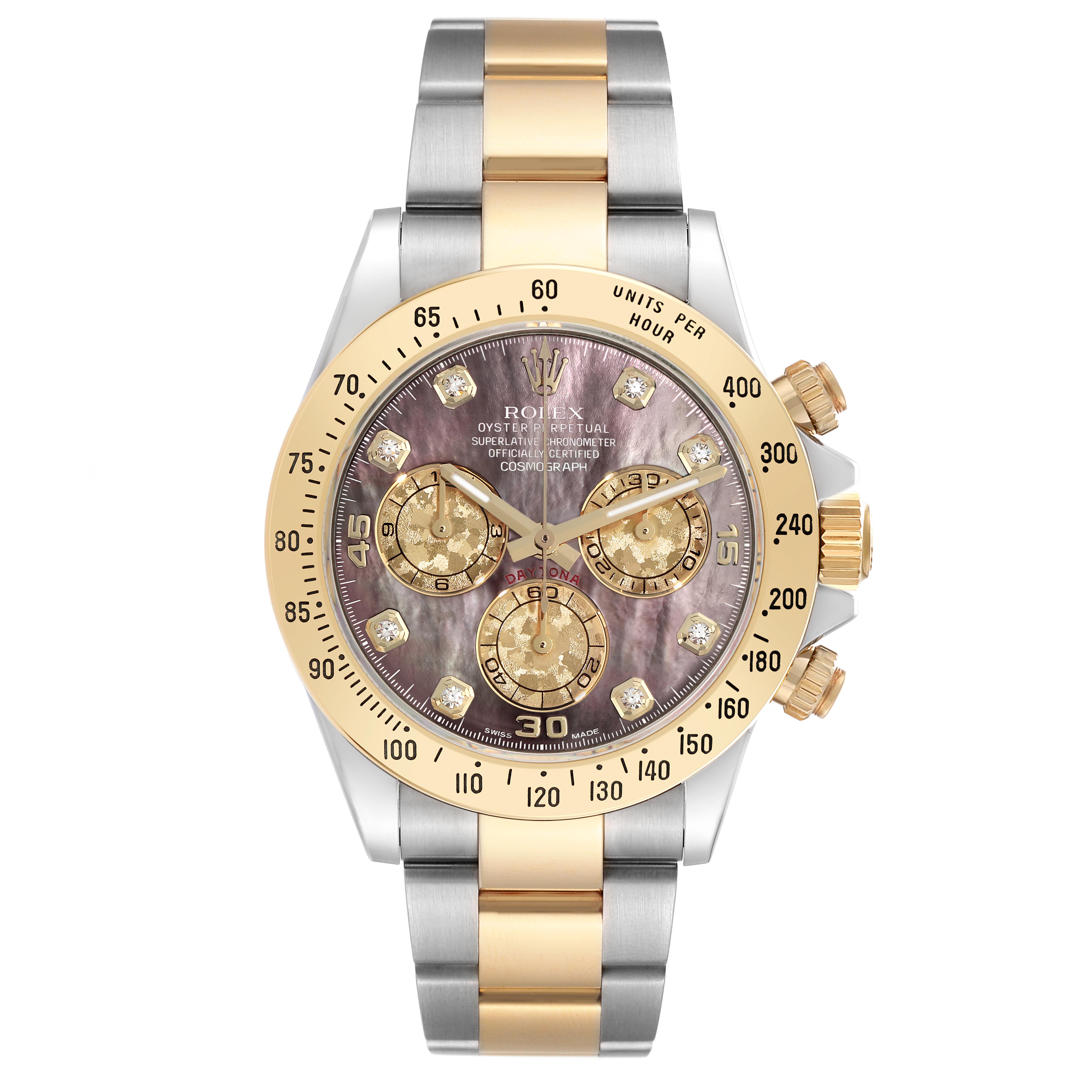The Rolex Daytona 116523 Men
s Steel and Gold (two tone) Mother of Pearl Dial 116523 Men
s Steel and Gold (two tone) Mother of Pearl Dial watch is shown from the front, displaying the dial, bezel, crown, and two-tone bracelet.